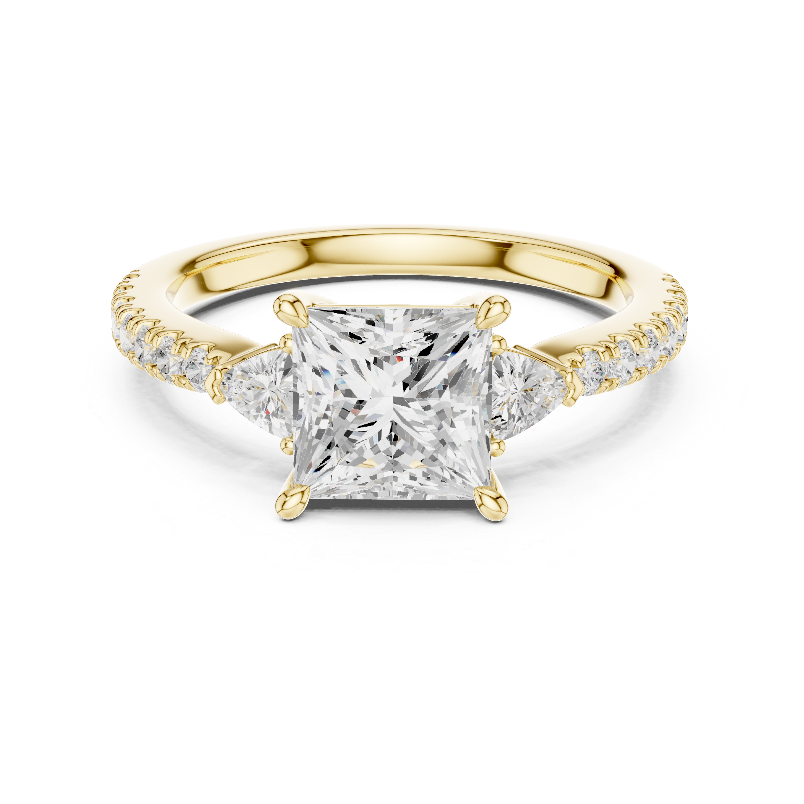 Gold ring with a large diamond and smaller diamonds on the band against a white background