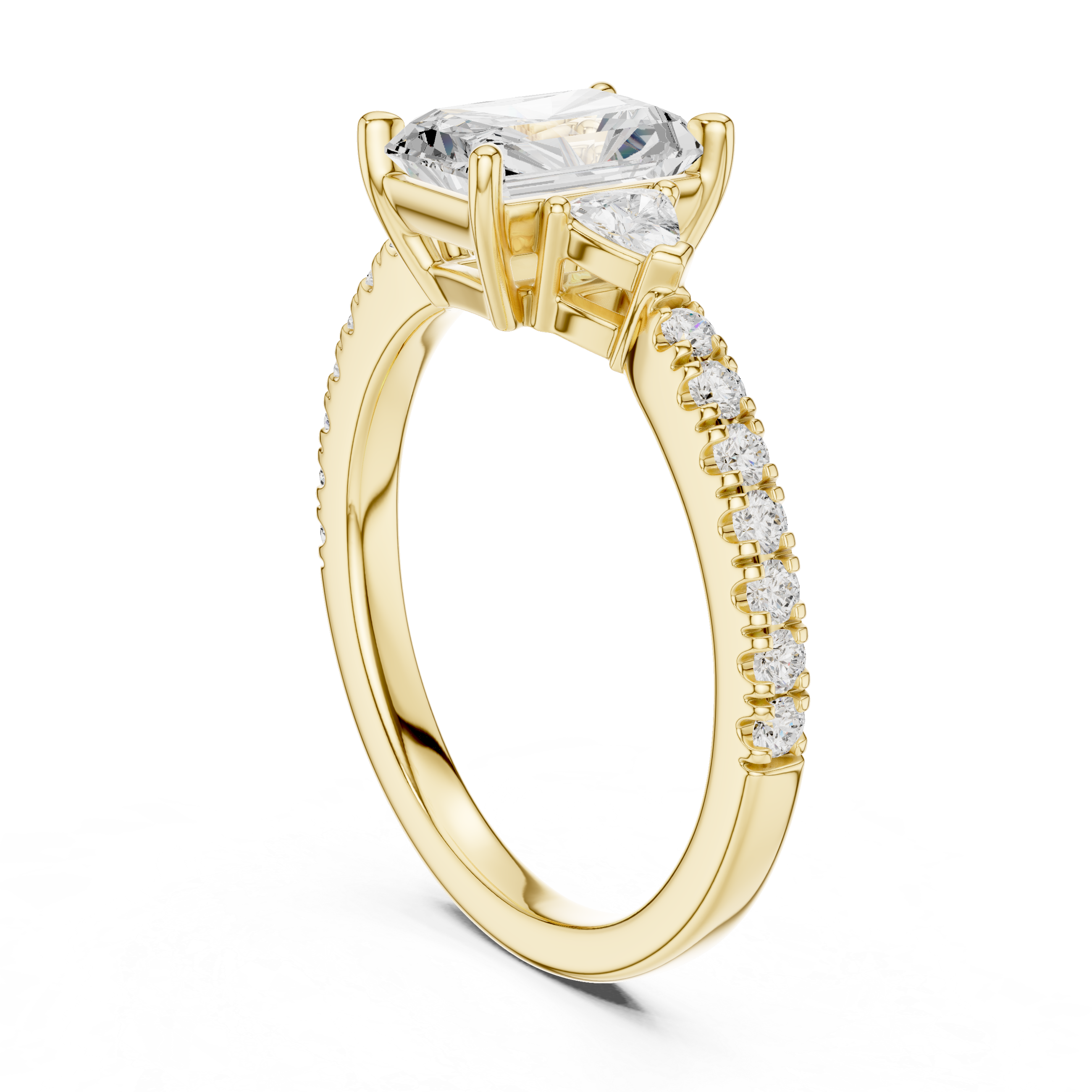 Gold ring with a large diamond and smaller diamonds on the band against a white background