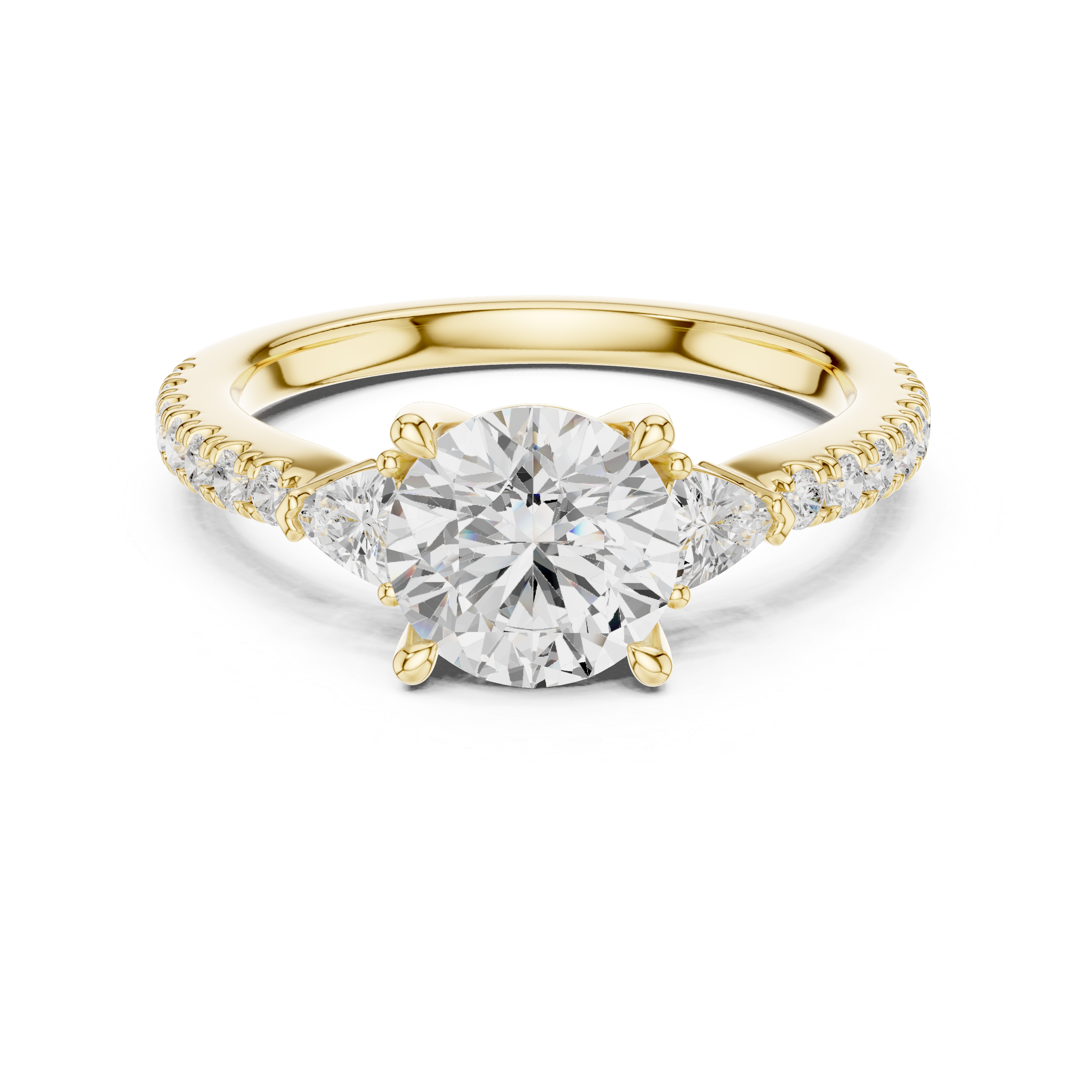 Gold ring with a large diamond and smaller diamonds on the band against a white background