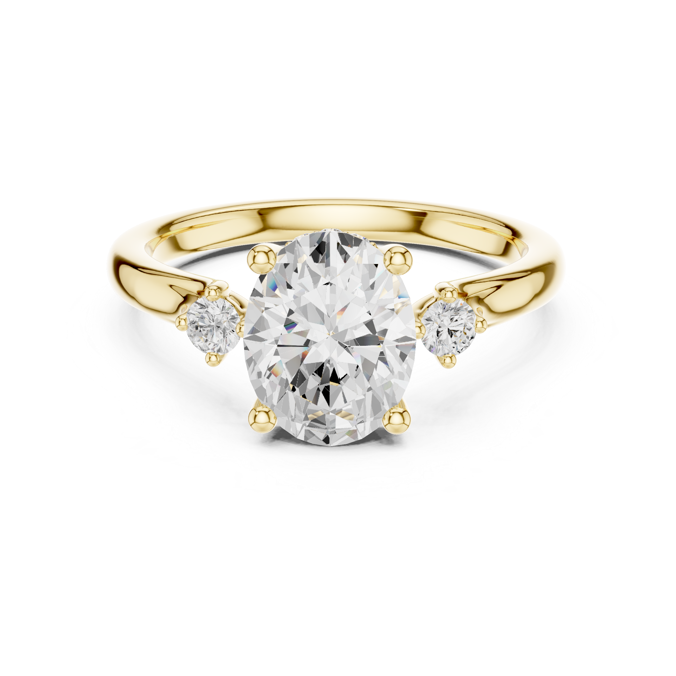 Gold ring with a large diamond and smaller diamonds on the sides against a white background