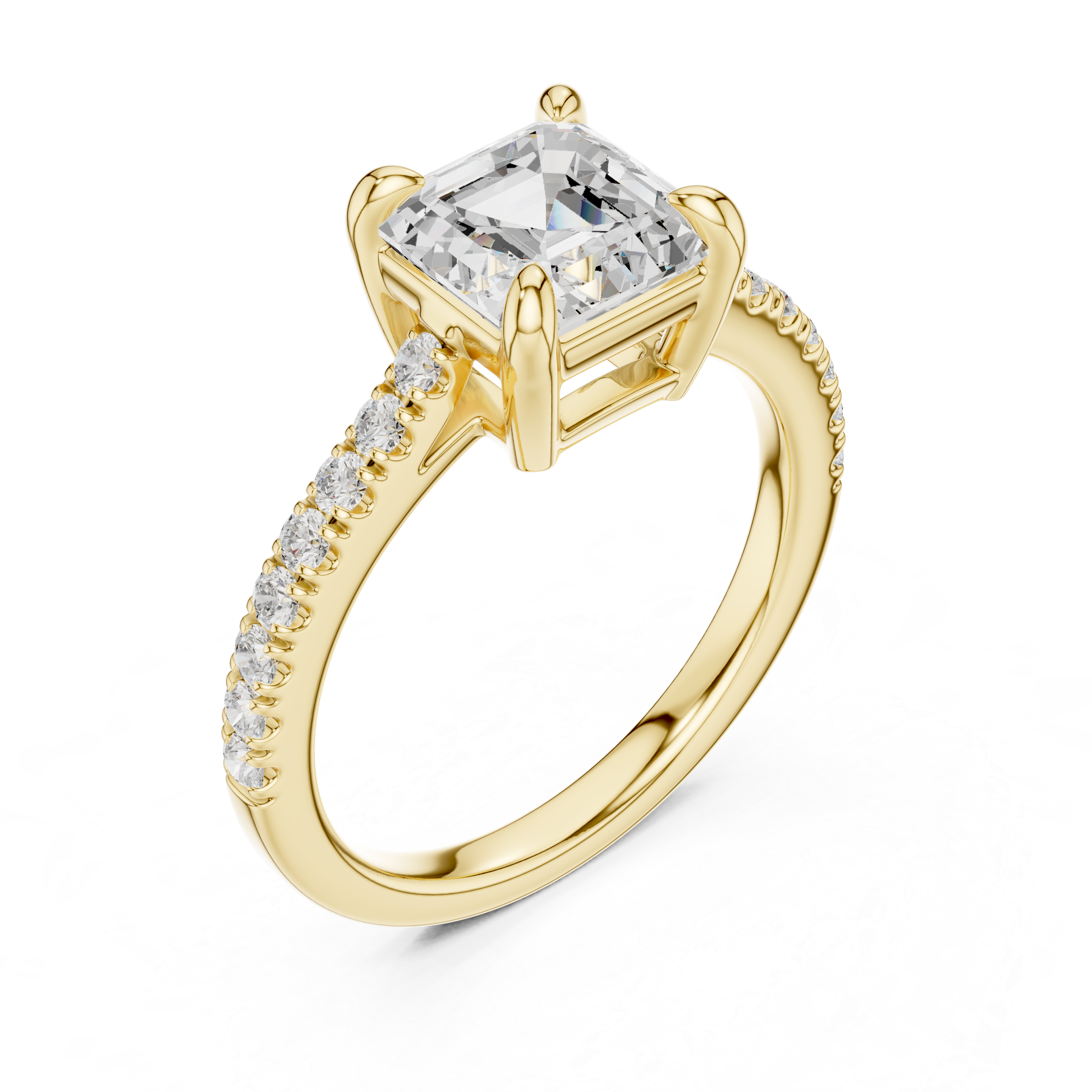 Gold ring with a large diamond and smaller diamonds on the band against a white background