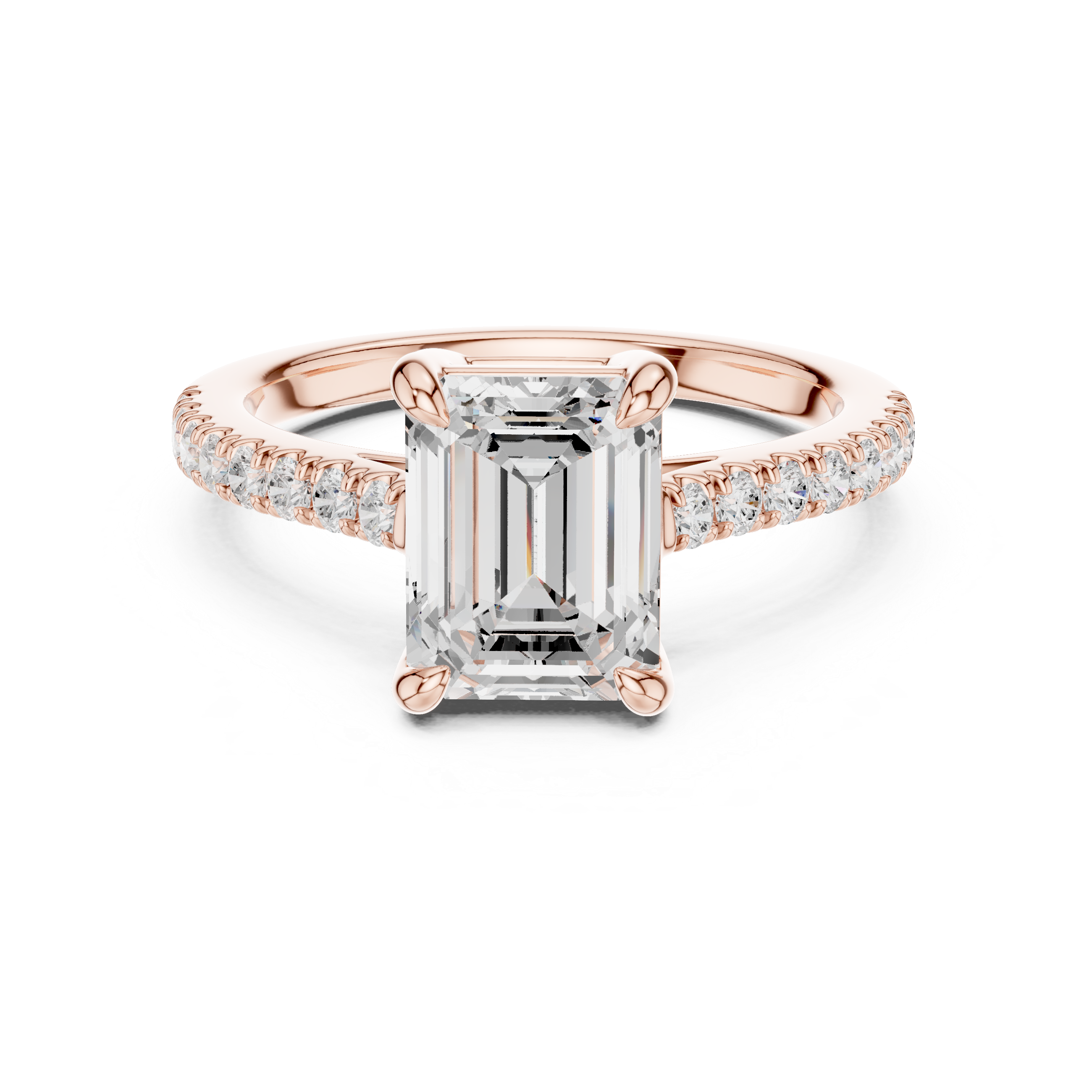 Rose gold ring with emerald-cut diamond and smaller diamonds on a white background