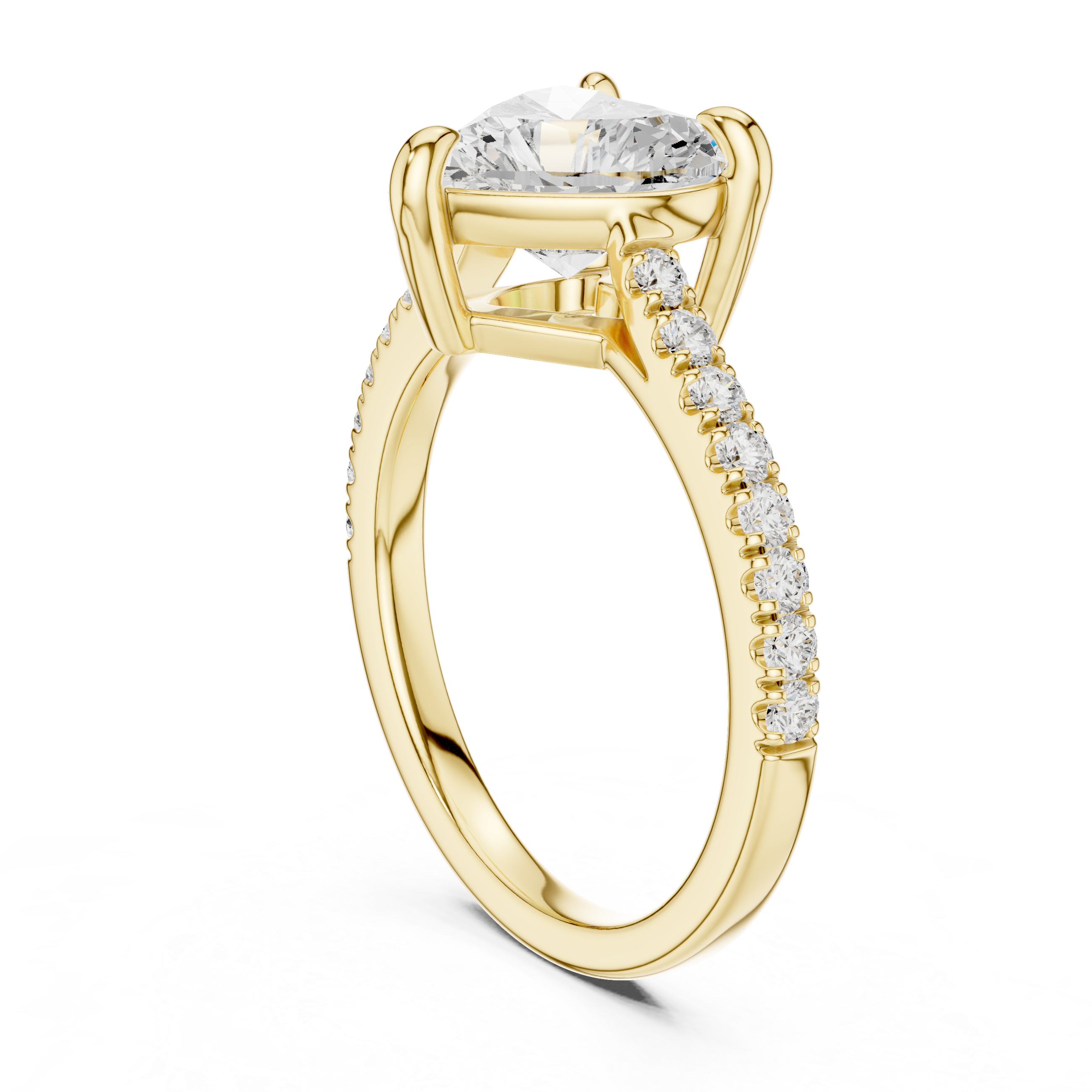 Gold ring with a large diamond and smaller diamonds on the band against a white background