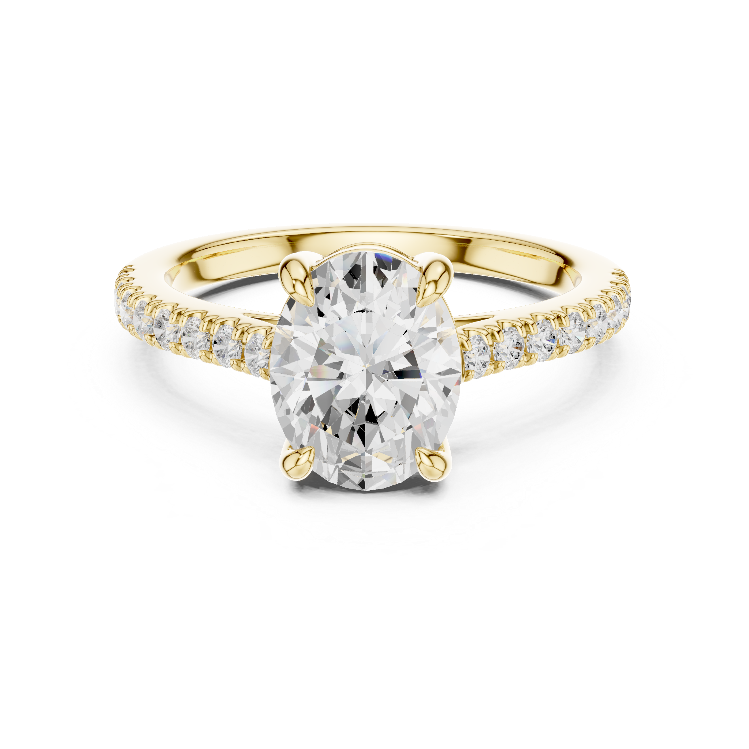 Gold ring with a large diamond and smaller diamonds on the band against a white background