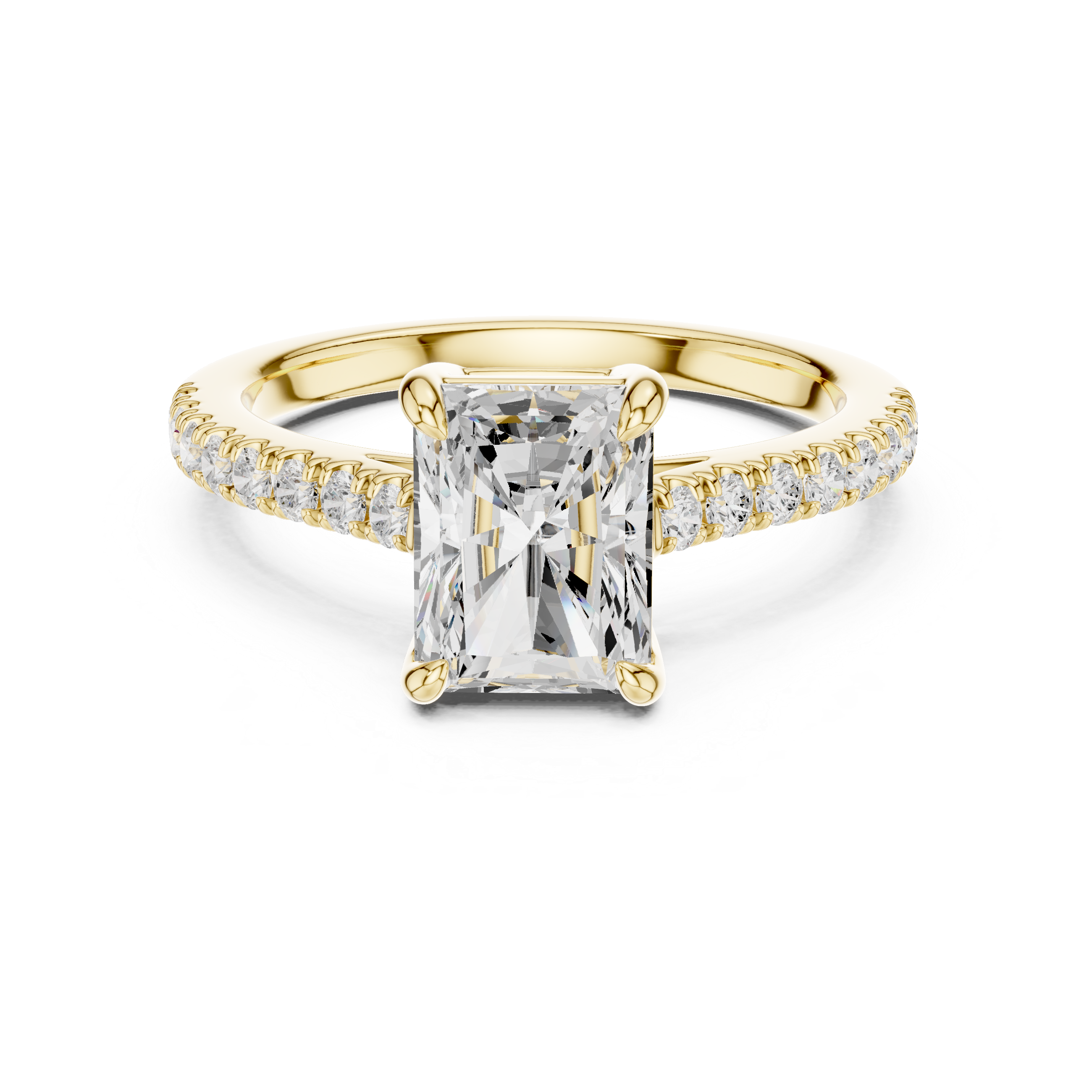 Gold ring with a large diamond and smaller diamonds on the band against a white background