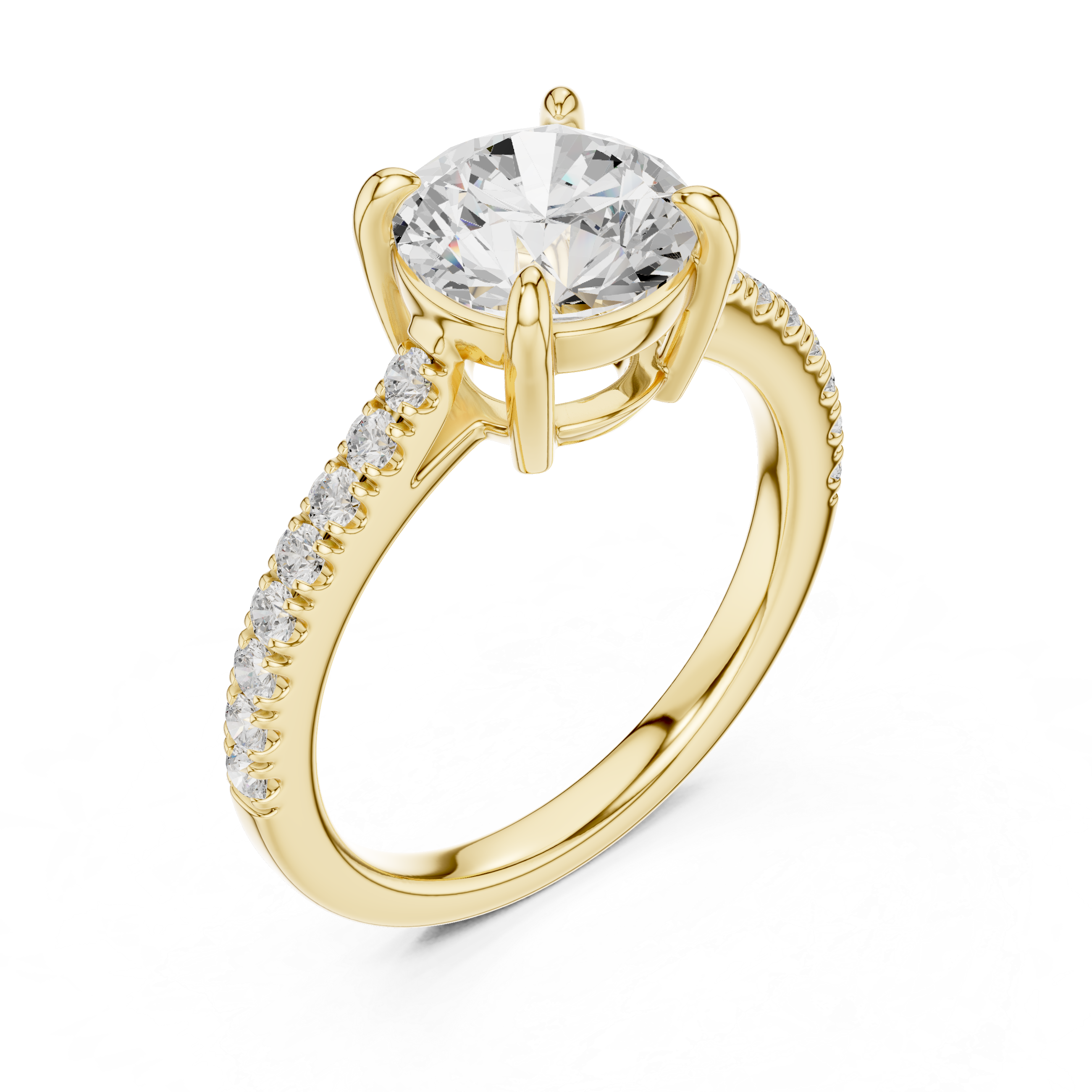 Gold ring with a large diamond and smaller diamonds on the band against a white background