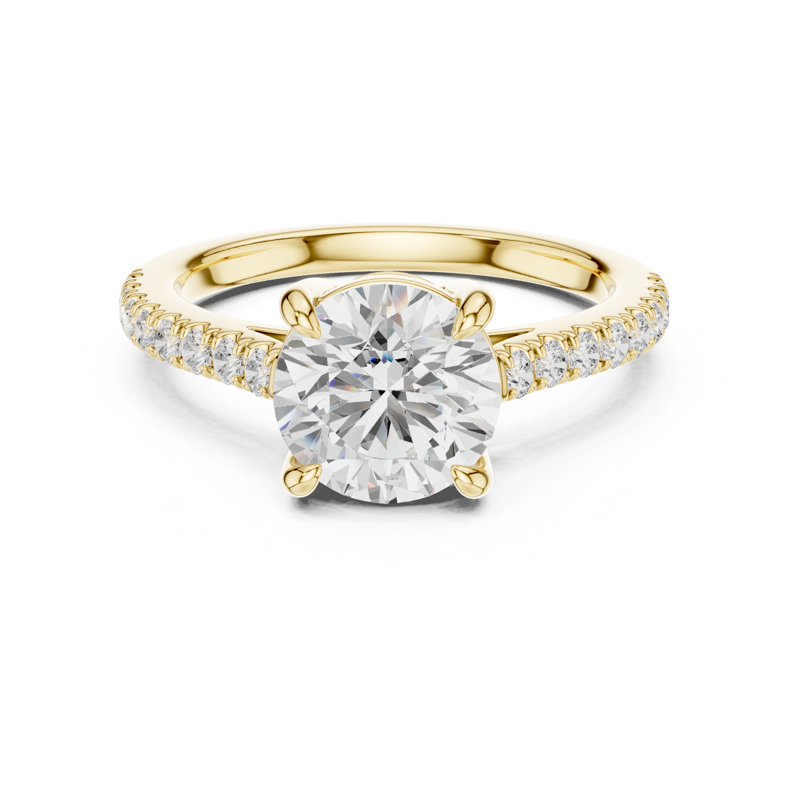 Gold ring with a large diamond and smaller diamonds on the band against a white background