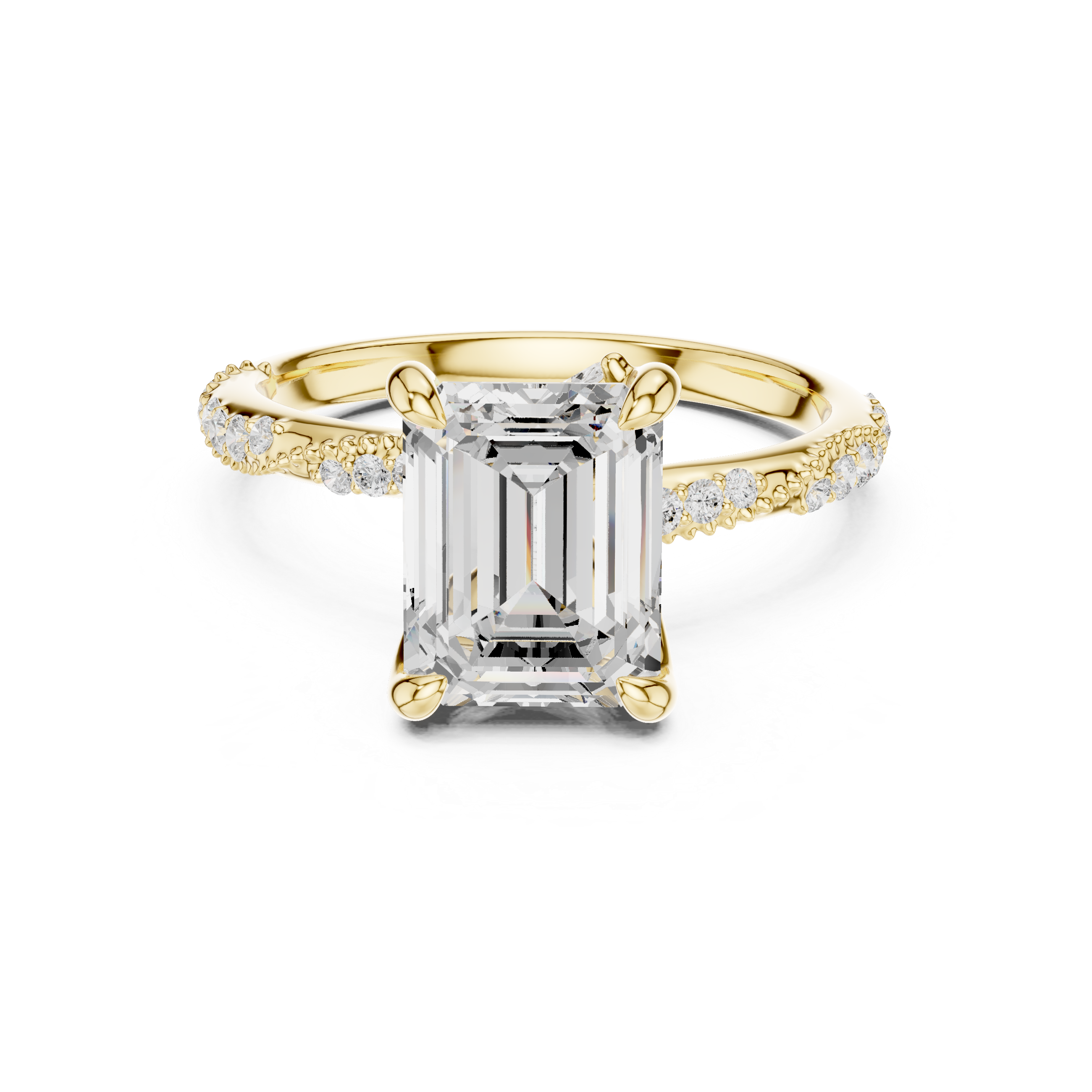 Gold ring with a large diamond and smaller diamonds on the band against a white background