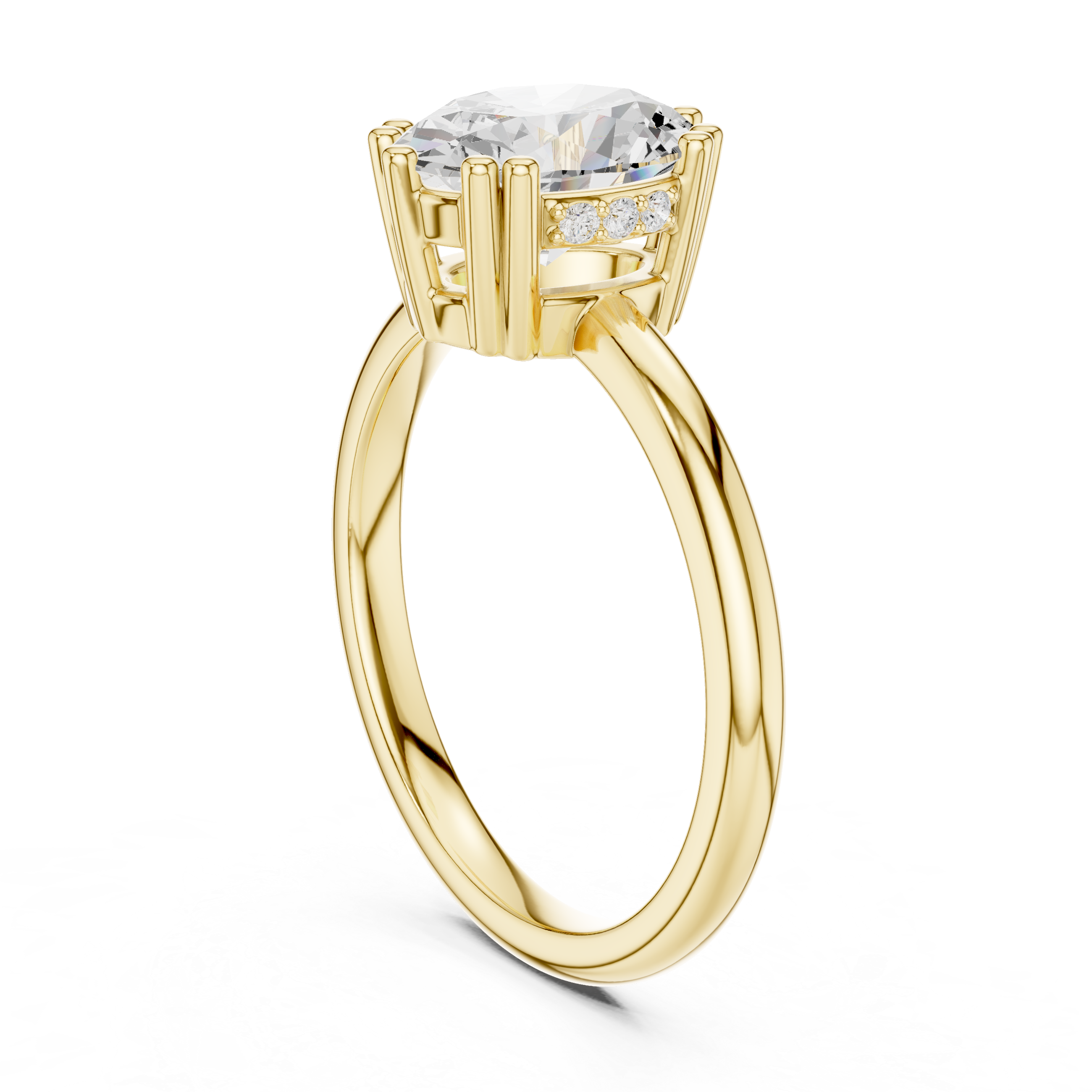 Gold ring with a large diamond and smaller diamonds on the band against a white background