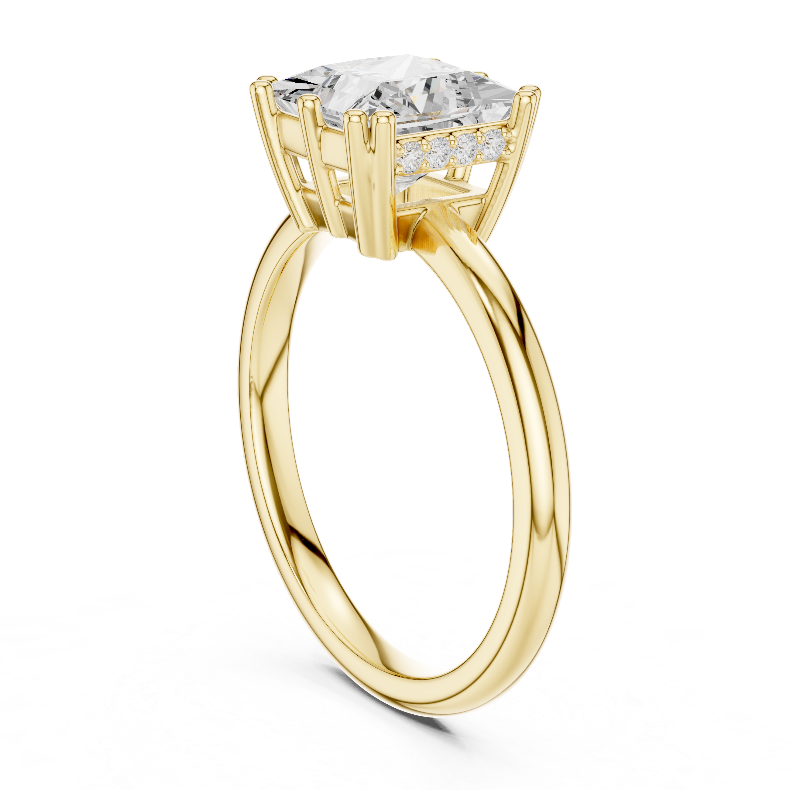Gold ring with a large diamond and smaller diamonds on the shoulders against a white background
