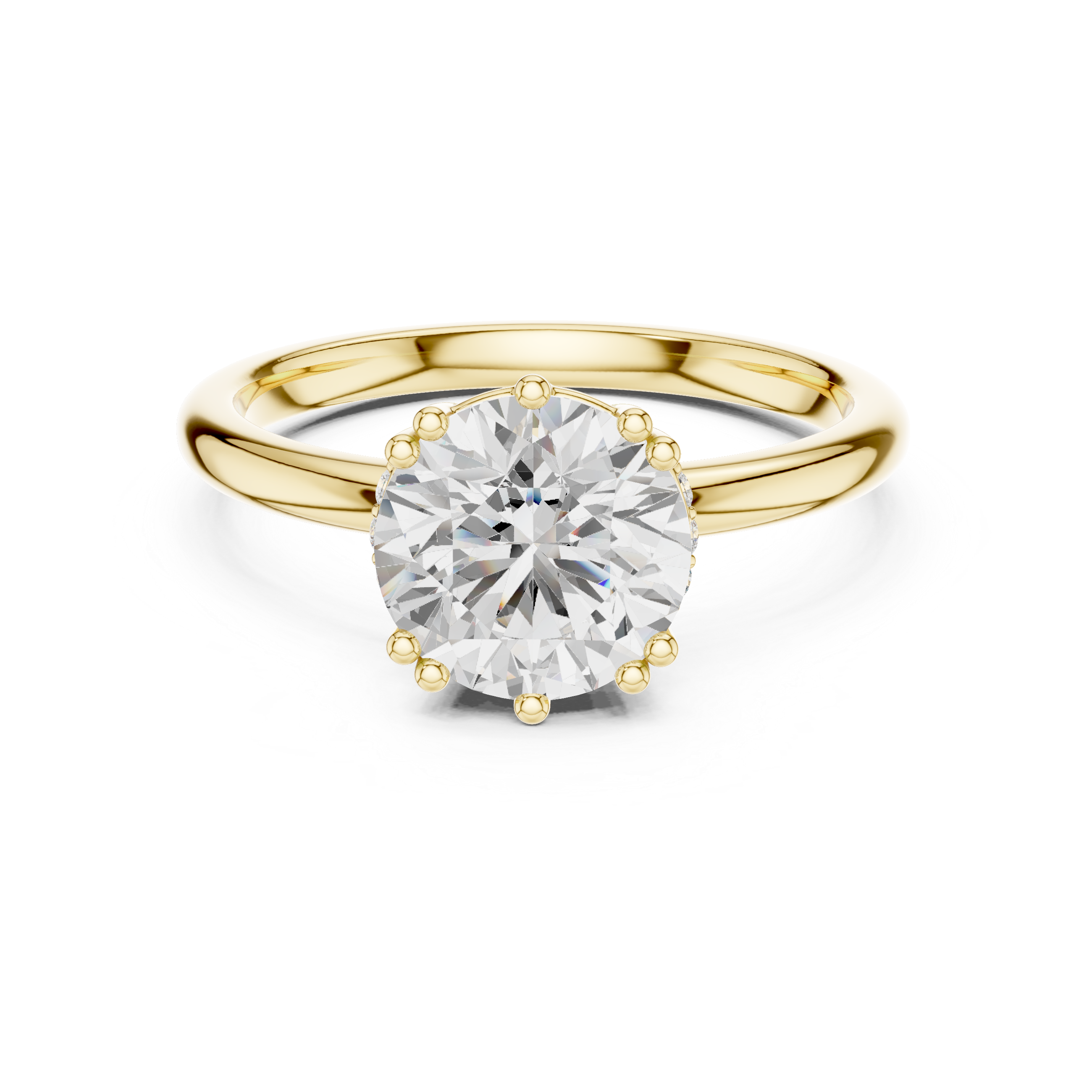 Gold ring with a large diamond on a white background
