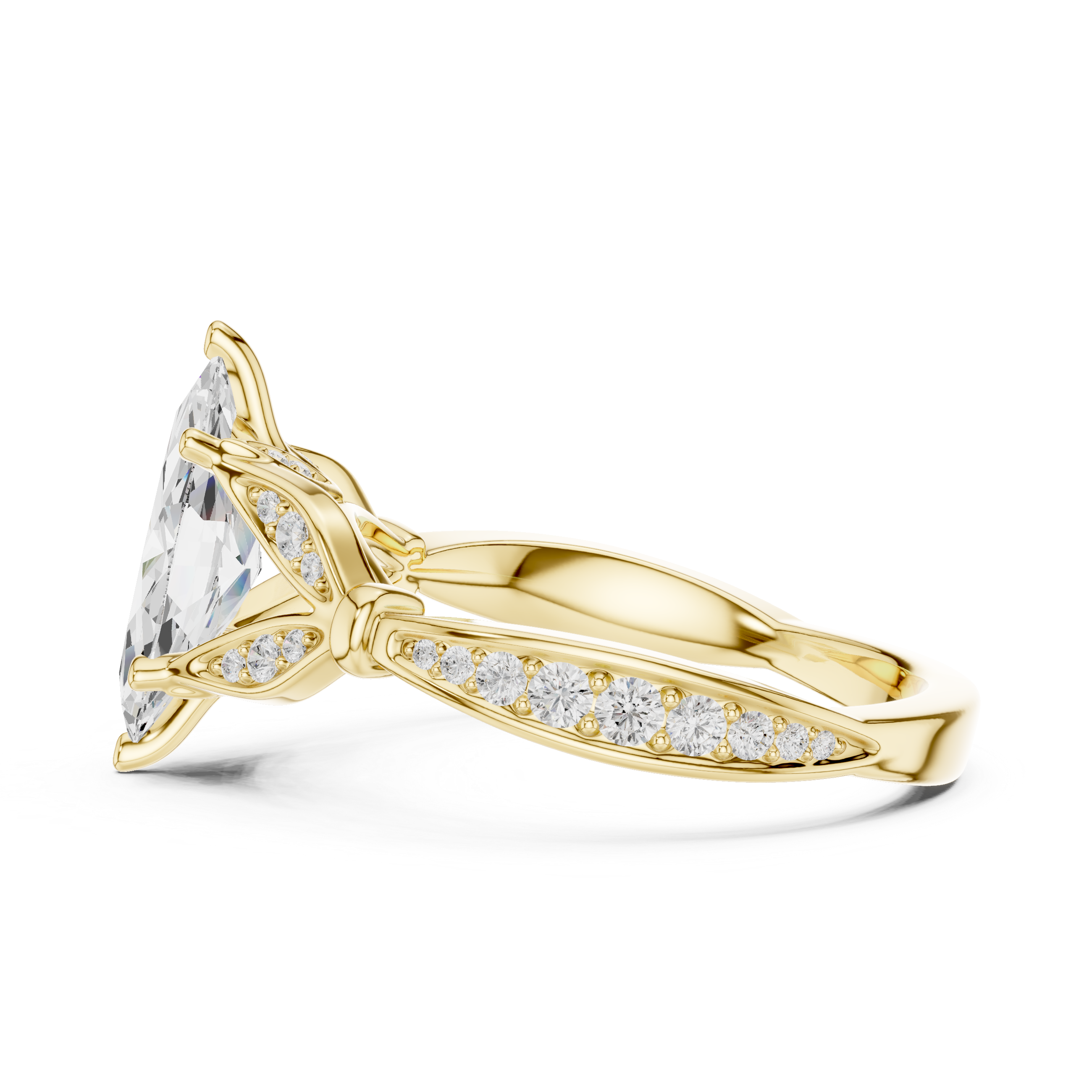 Gold ring with a large diamond and smaller diamonds on the band against a white background