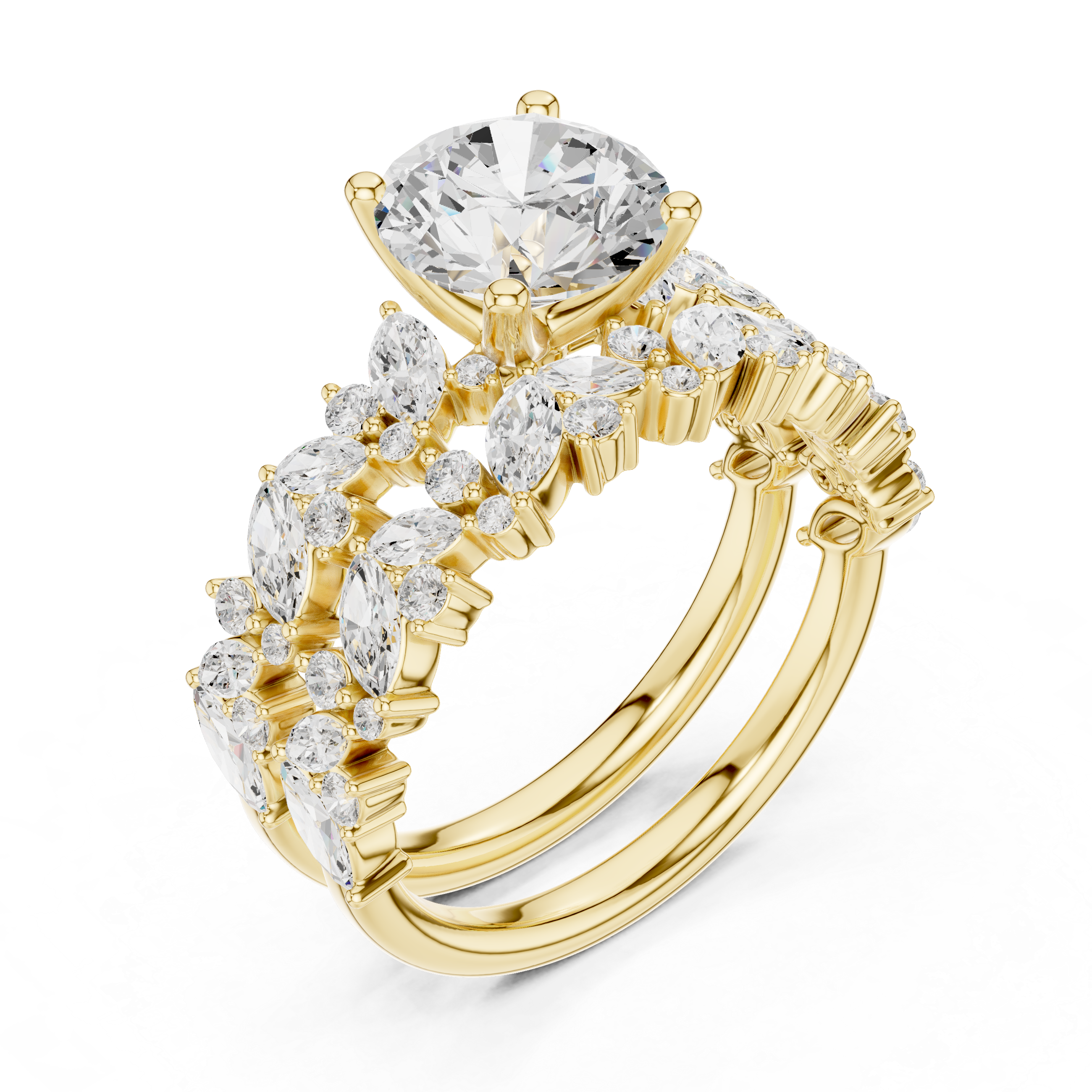 Gold ring with diamond accents on a white background