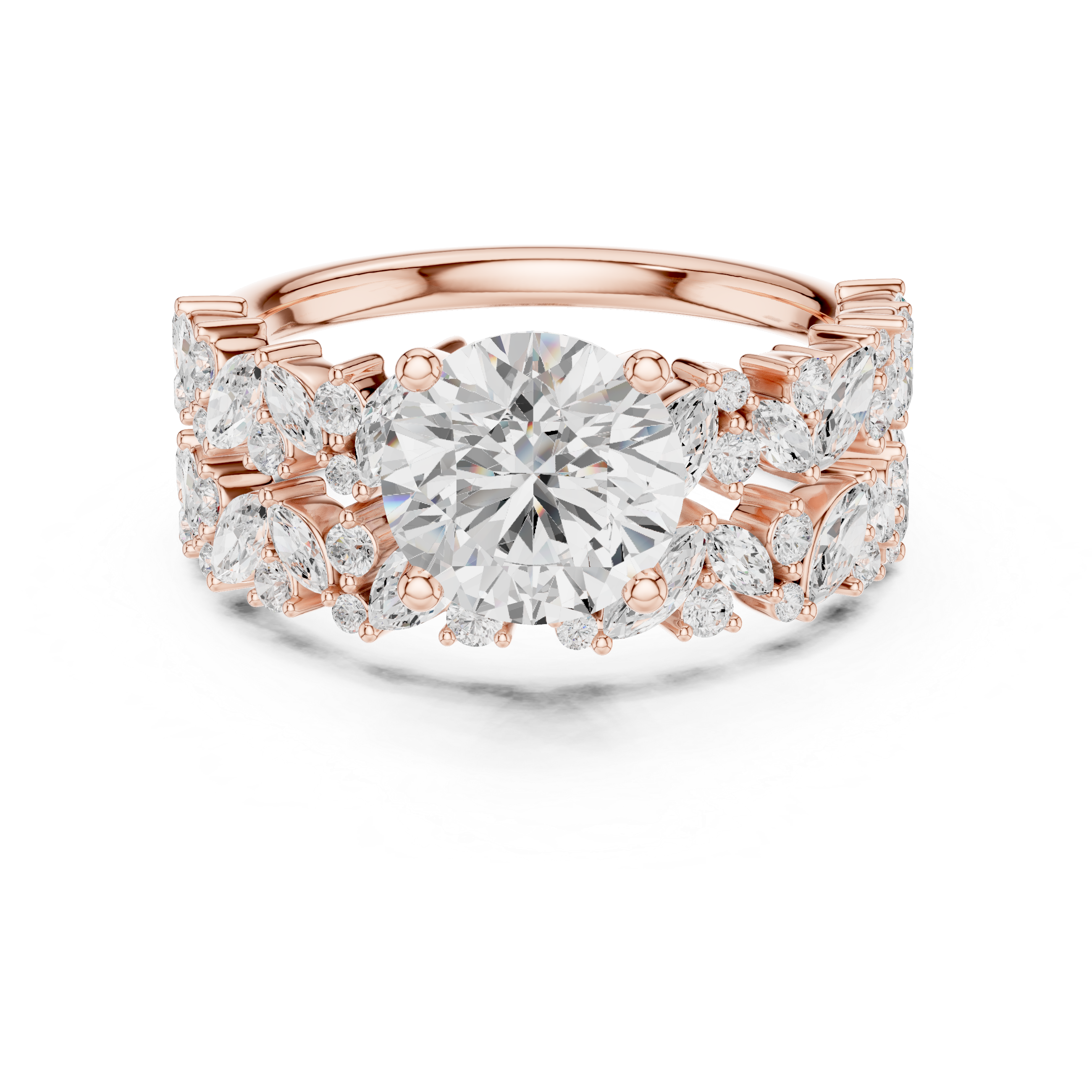 Rose gold ring with a large diamond and smaller diamonds on the sides against a white background
