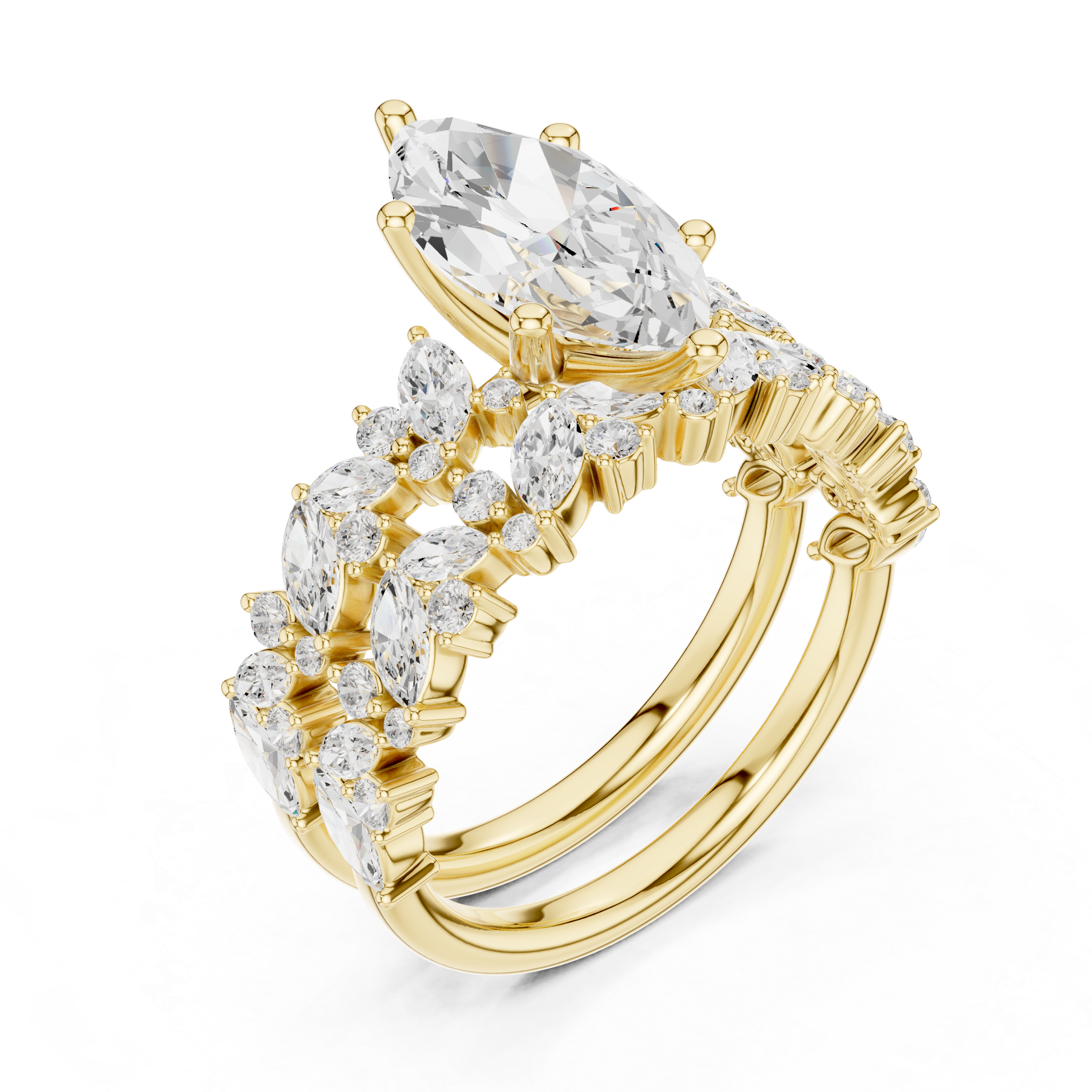 Gold ring with a large central diamond and smaller diamonds on a white background