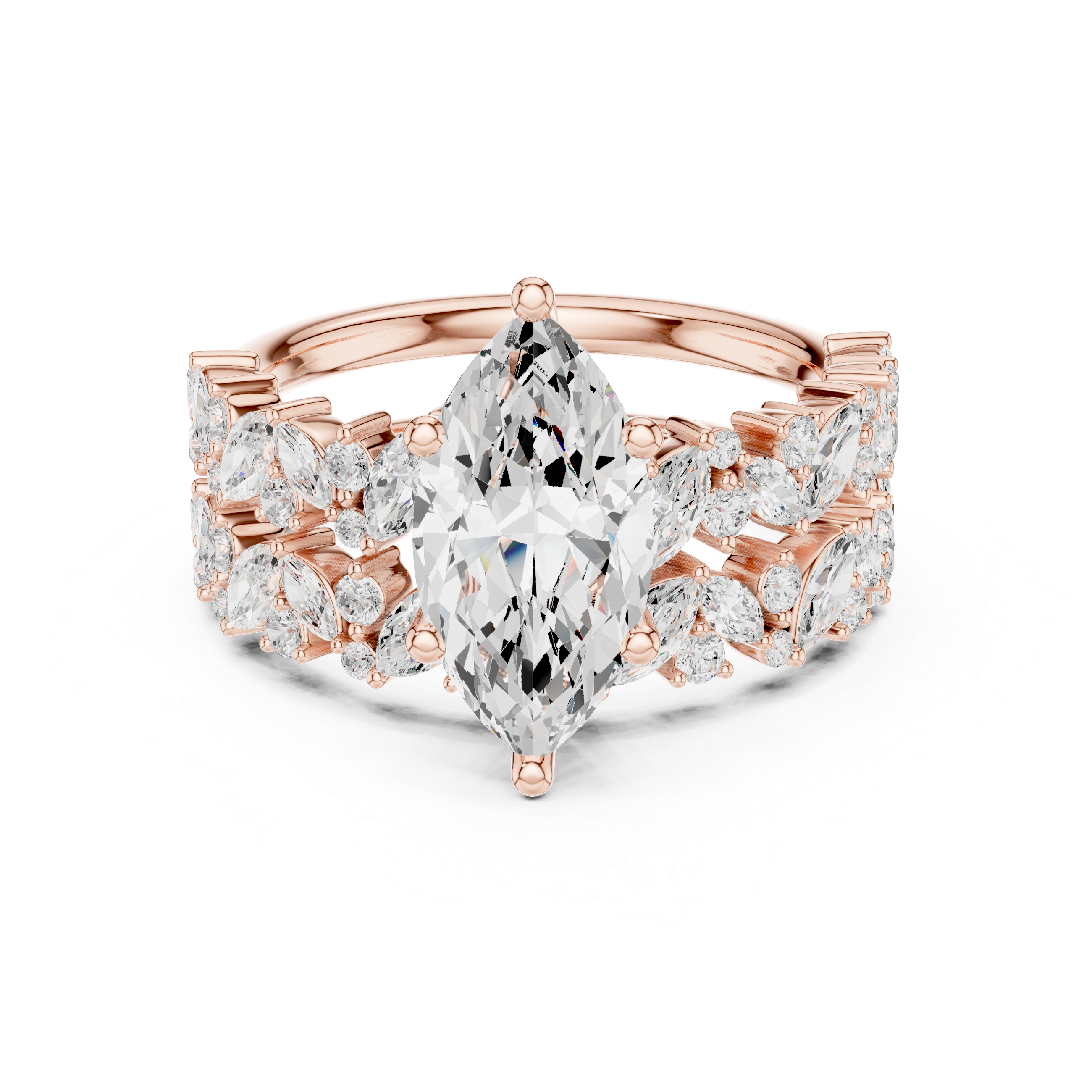Rose gold ring with a large pear-shaped diamond and smaller diamonds on a white background