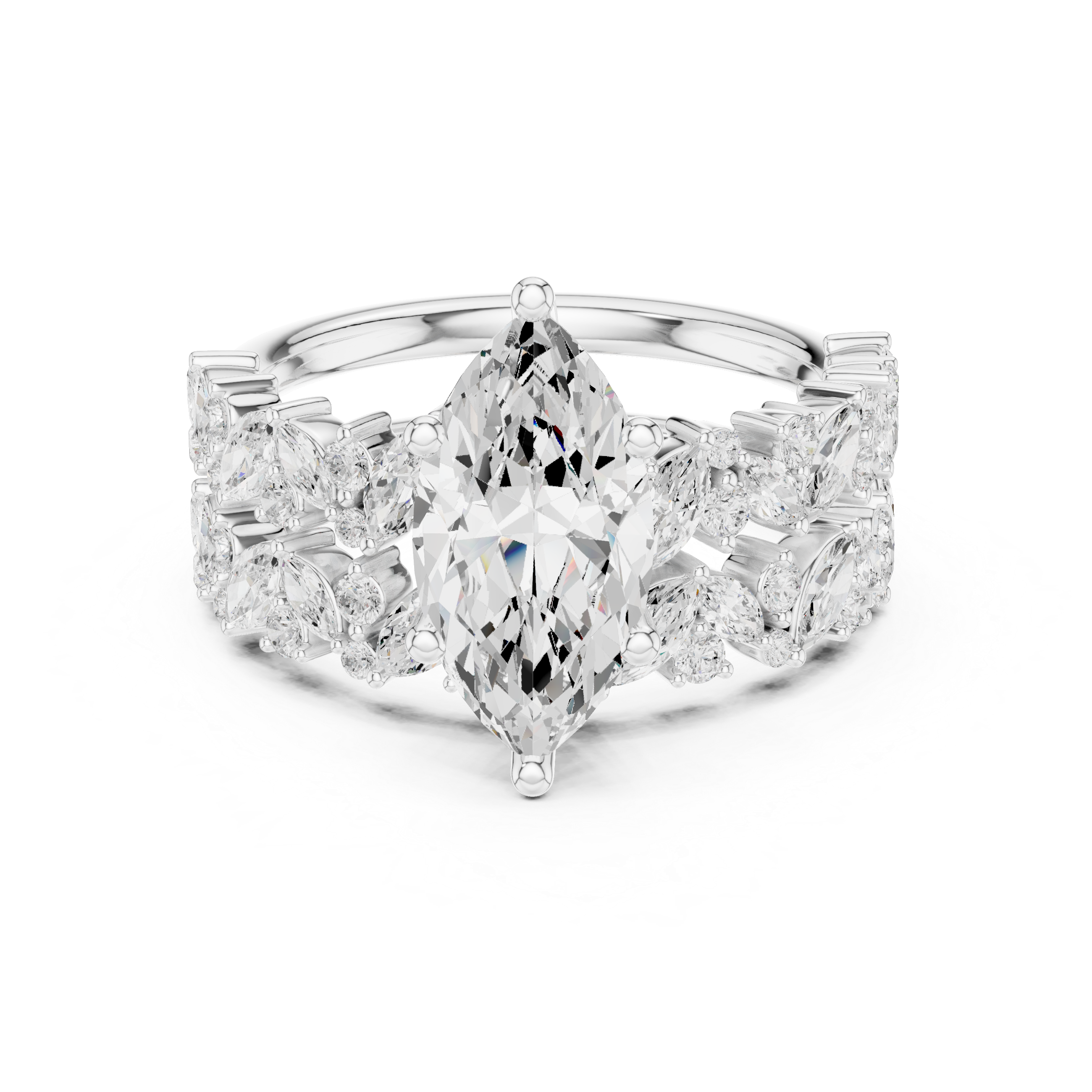 Diamond ring with a pear-shaped center stone on a white background