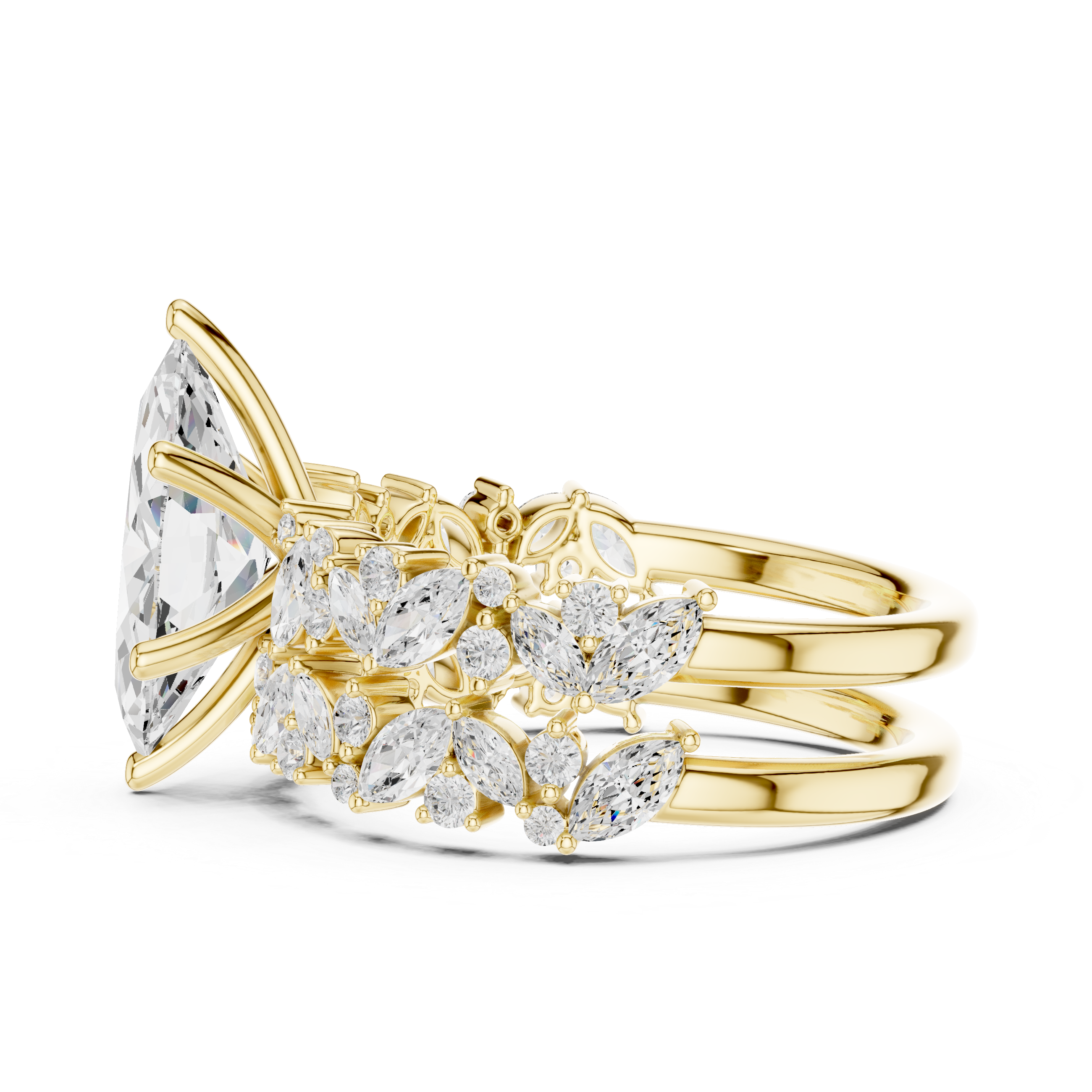 Gold ring with diamond accents on a white background