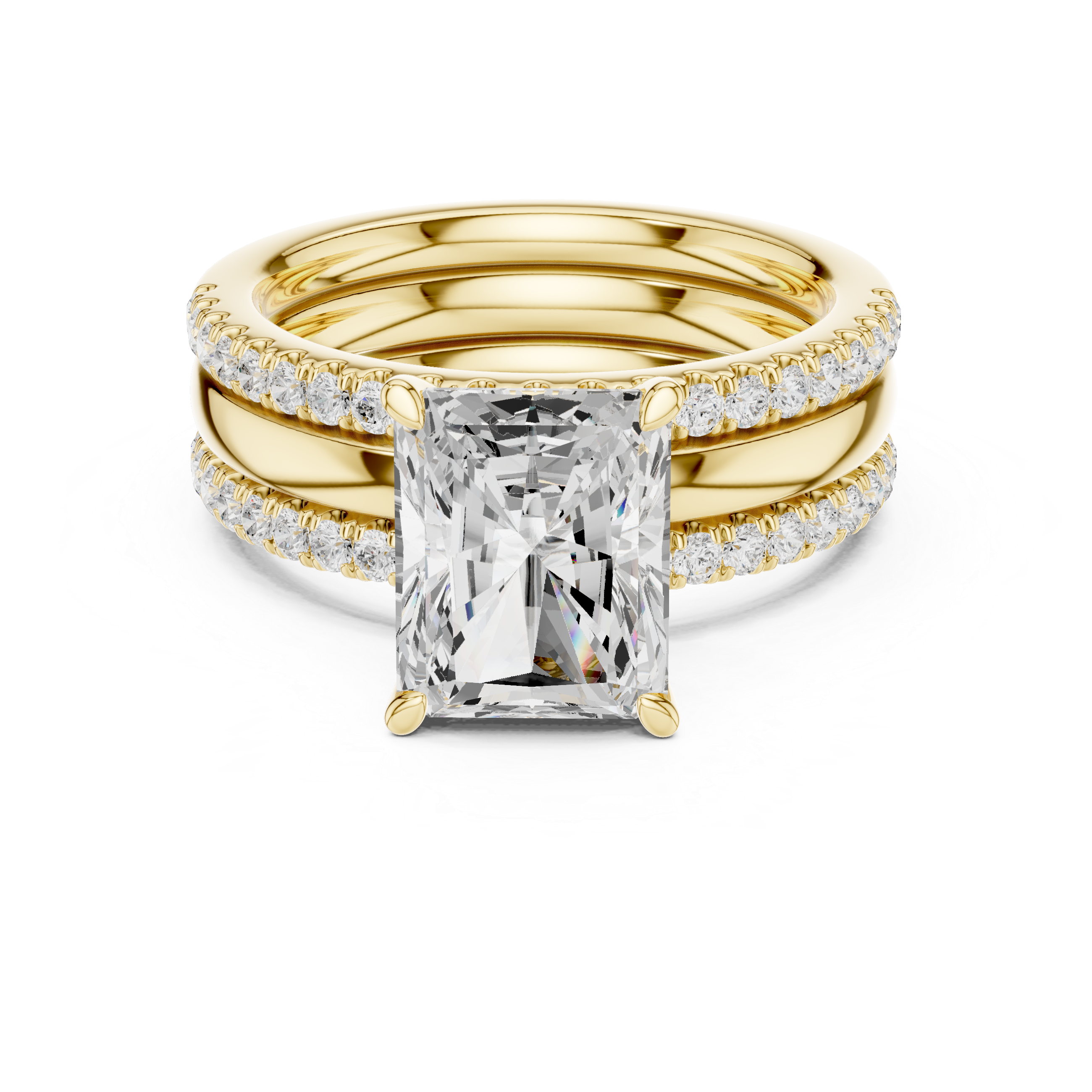 Gold ring with a large diamond and smaller diamonds on a white background