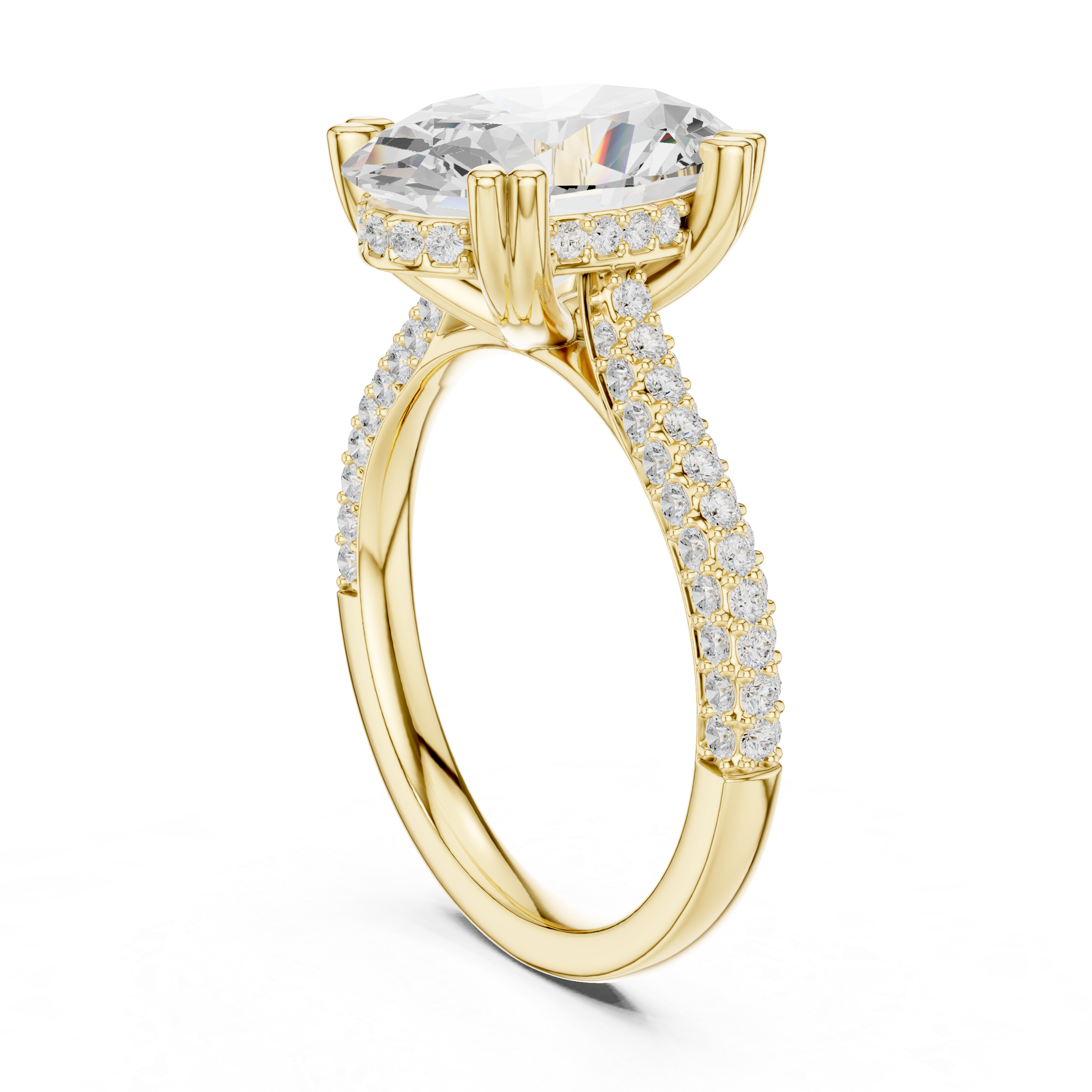 Gold ring with a large diamond and smaller diamonds on the band against a white background