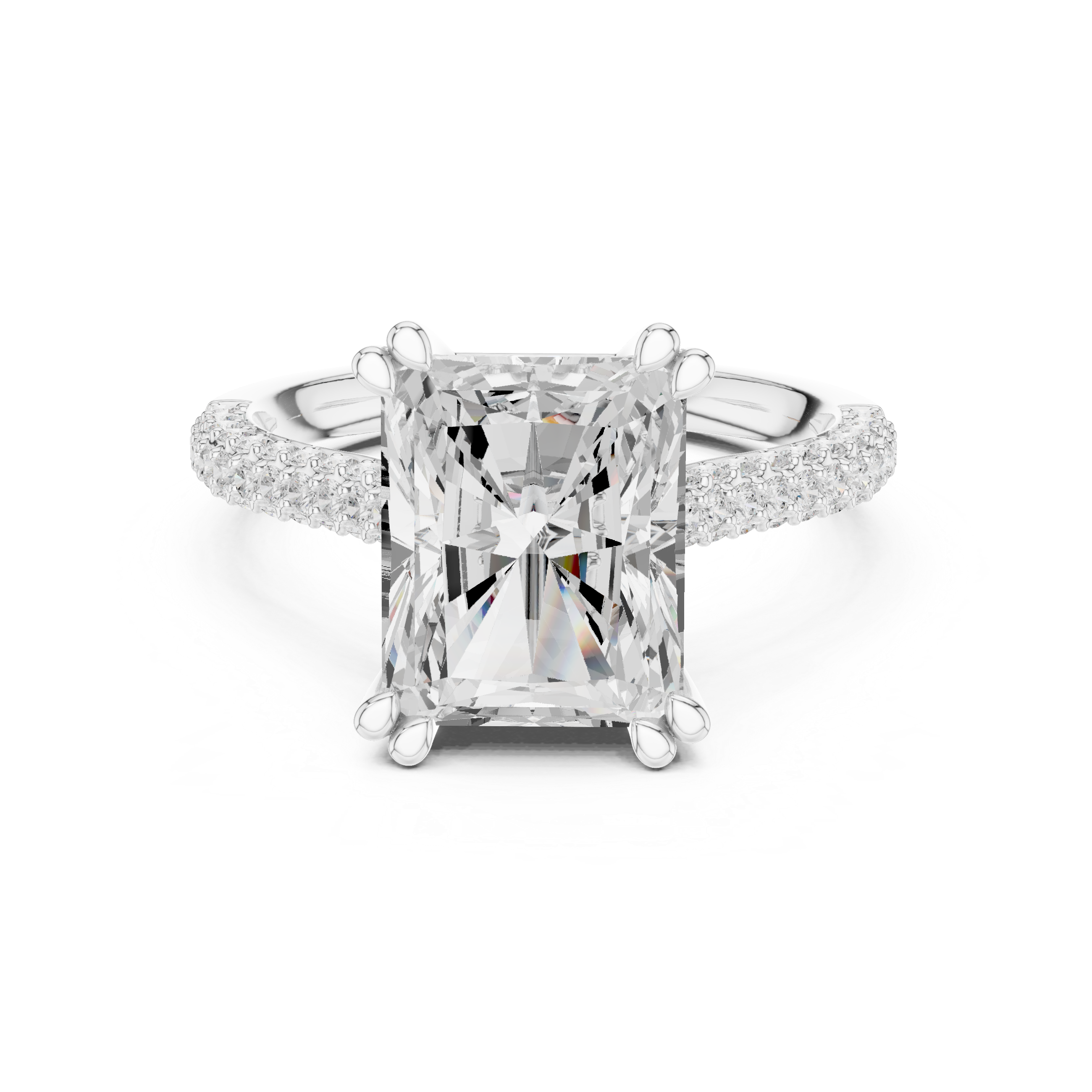 Diamond ring with a large central gemstone and smaller stones on the band against a white background