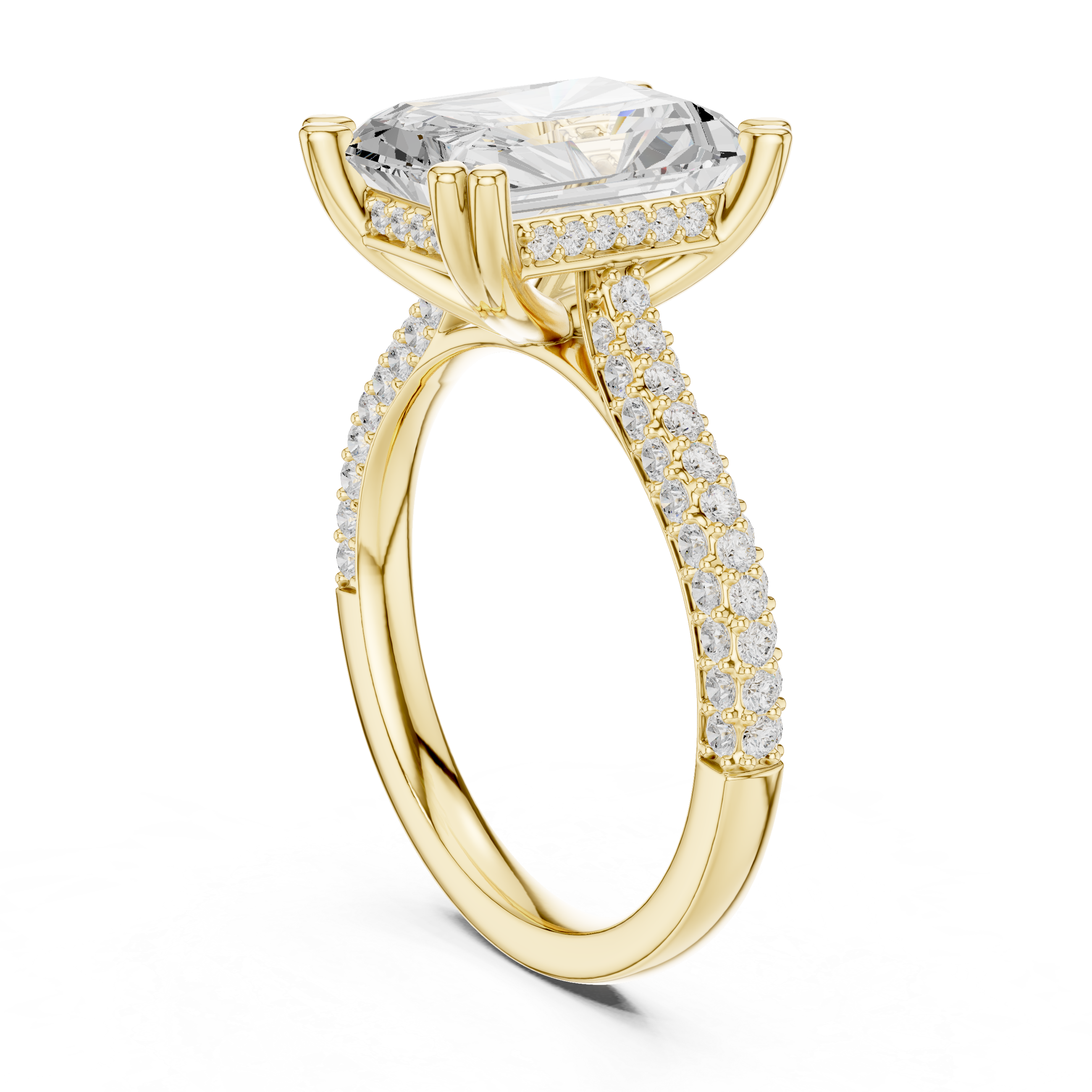 Gold ring with a large diamond and smaller diamonds on the band against a white background