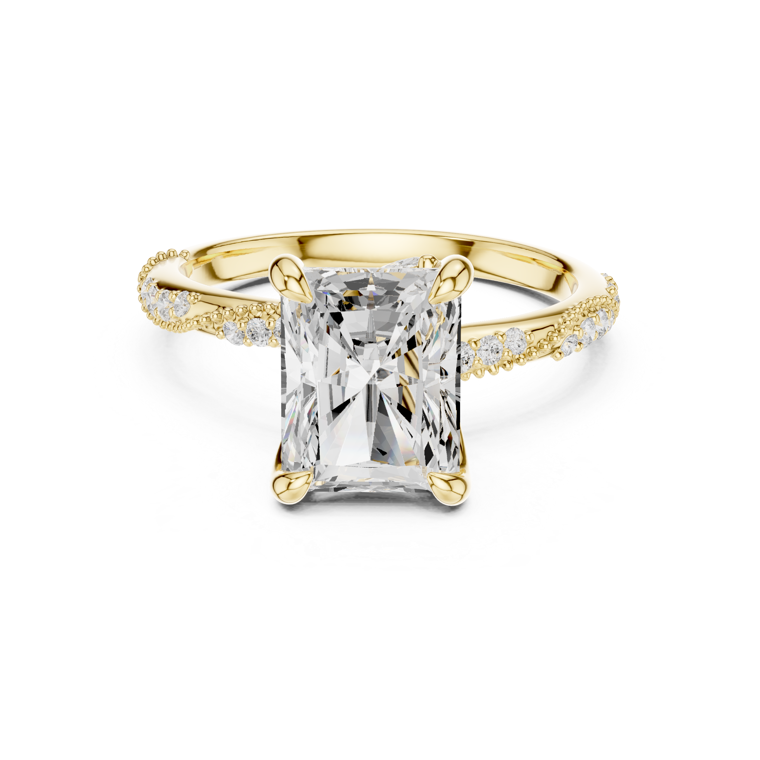 Gold ring with a large diamond and smaller diamonds on the band against a white background