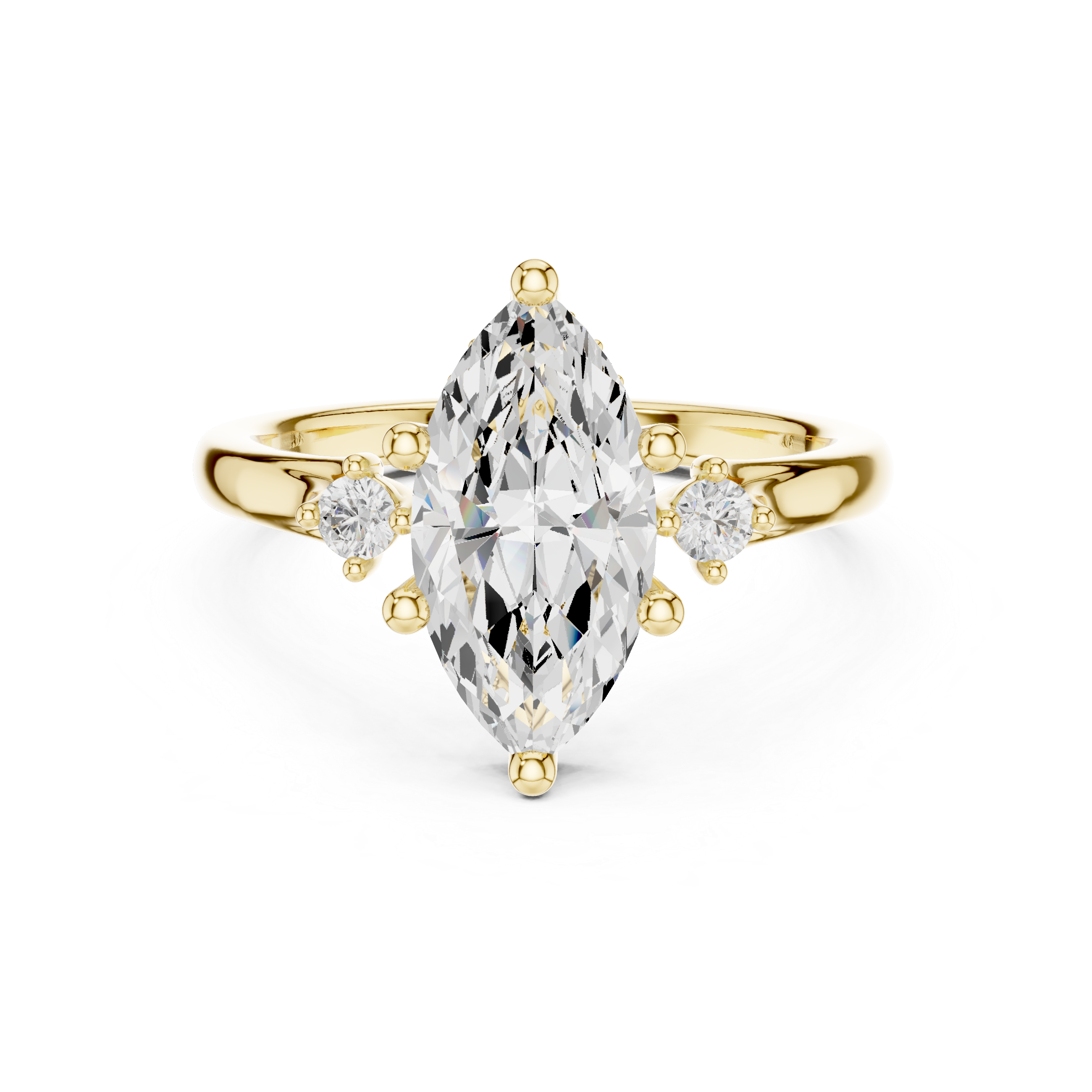 Gold ring with a large clear gemstone on a white background