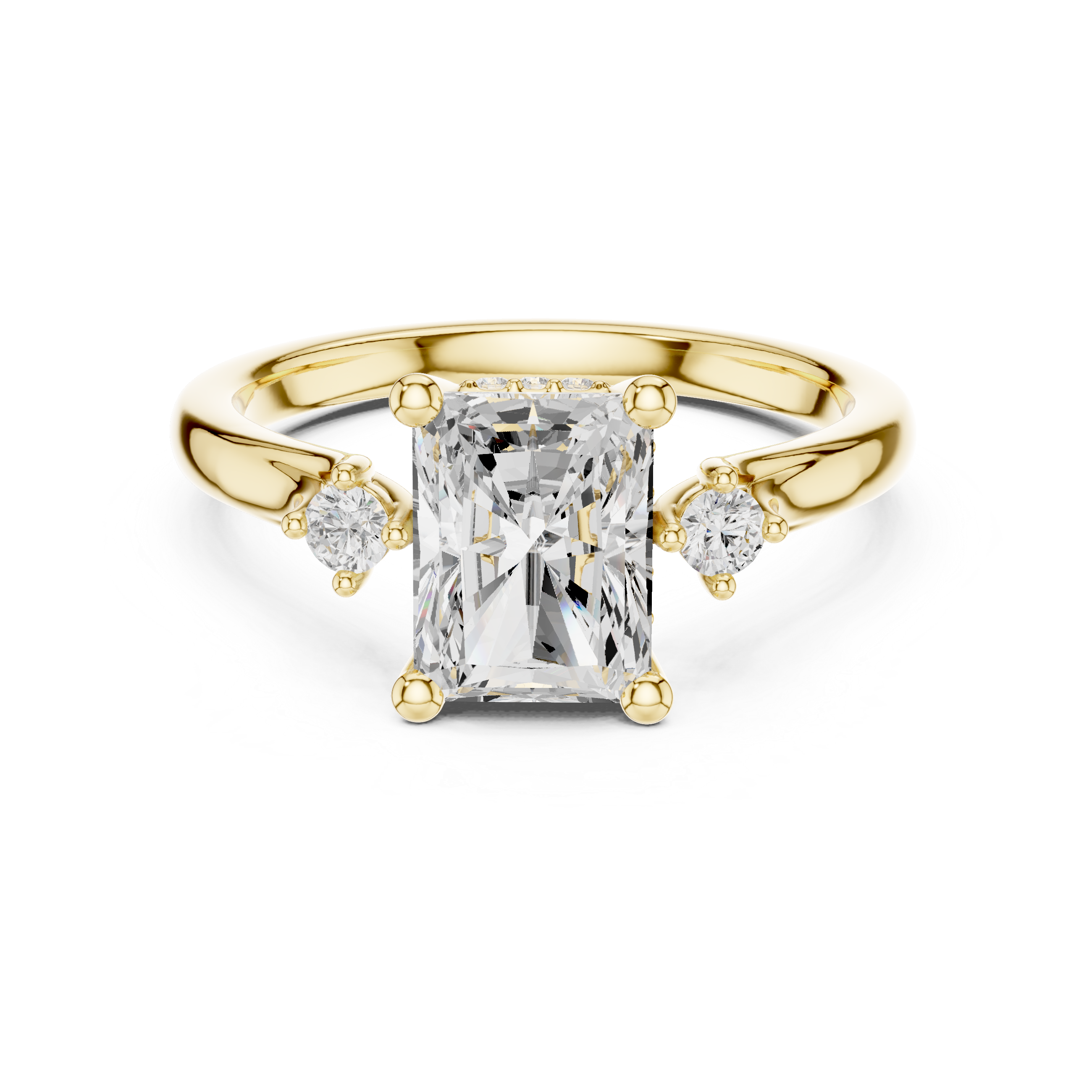 Gold ring with a large diamond and smaller diamonds on the sides against a white background