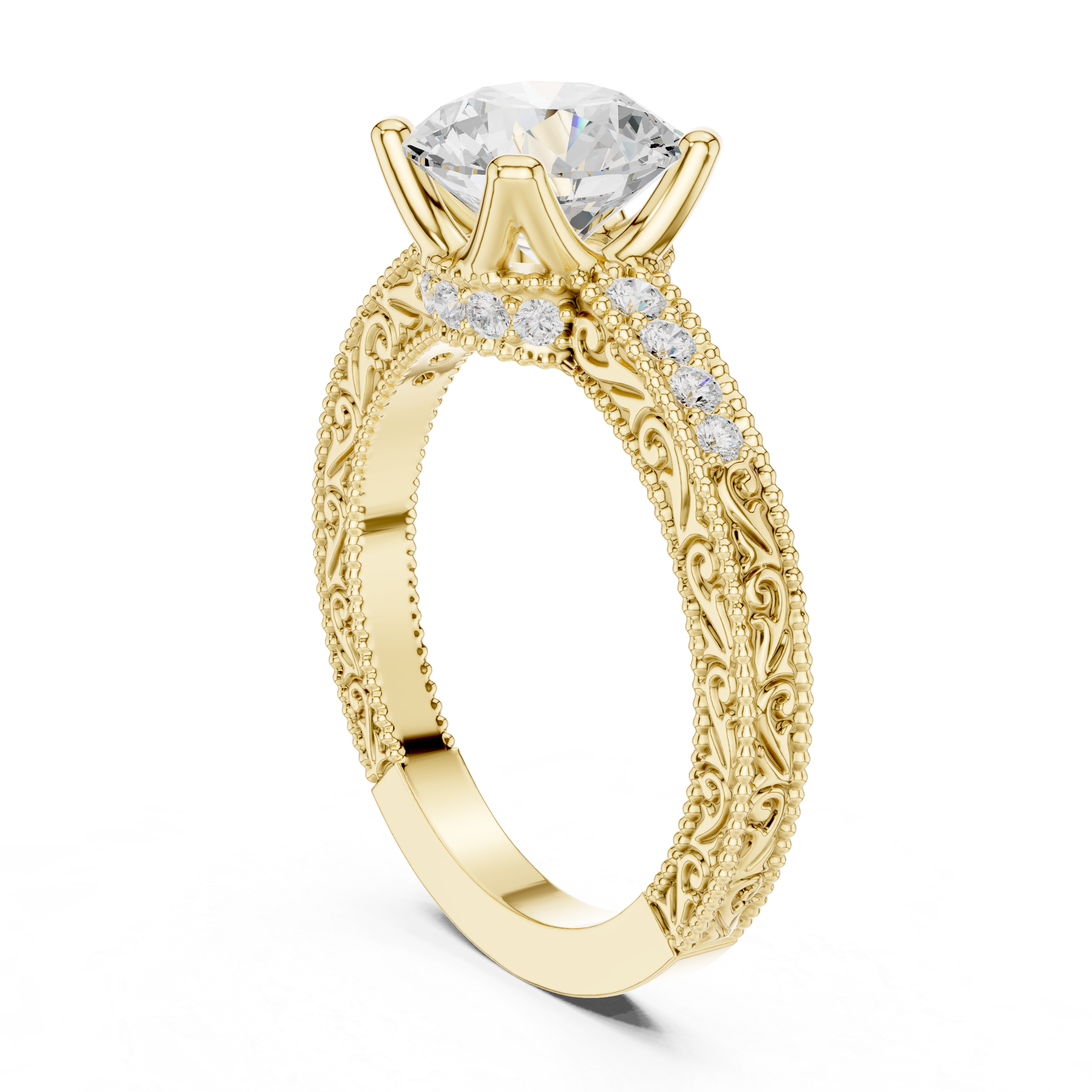 Gold ring with intricate design and diamond accents on a white background
