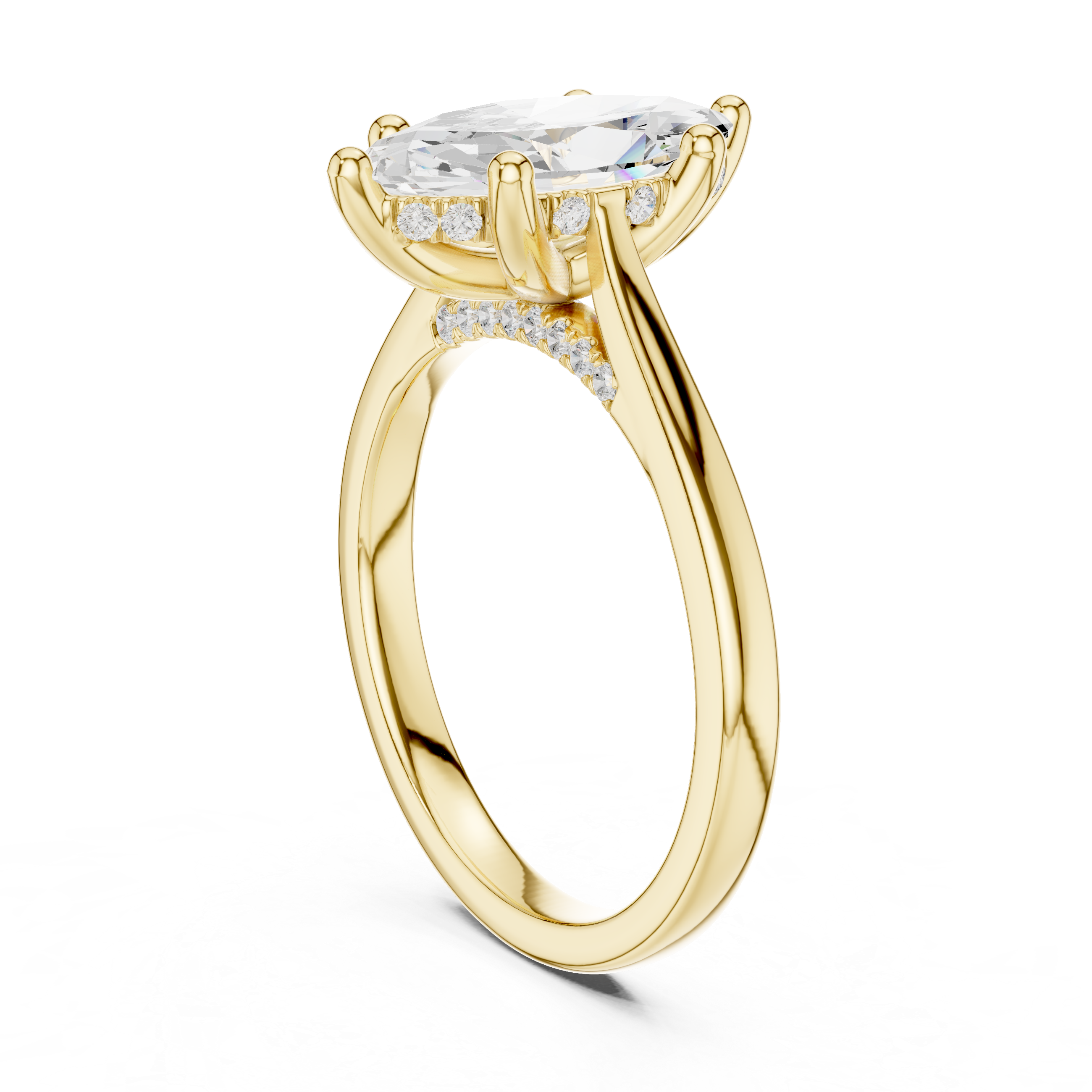 Gold ring with a large diamond and smaller diamonds on the band against a white background