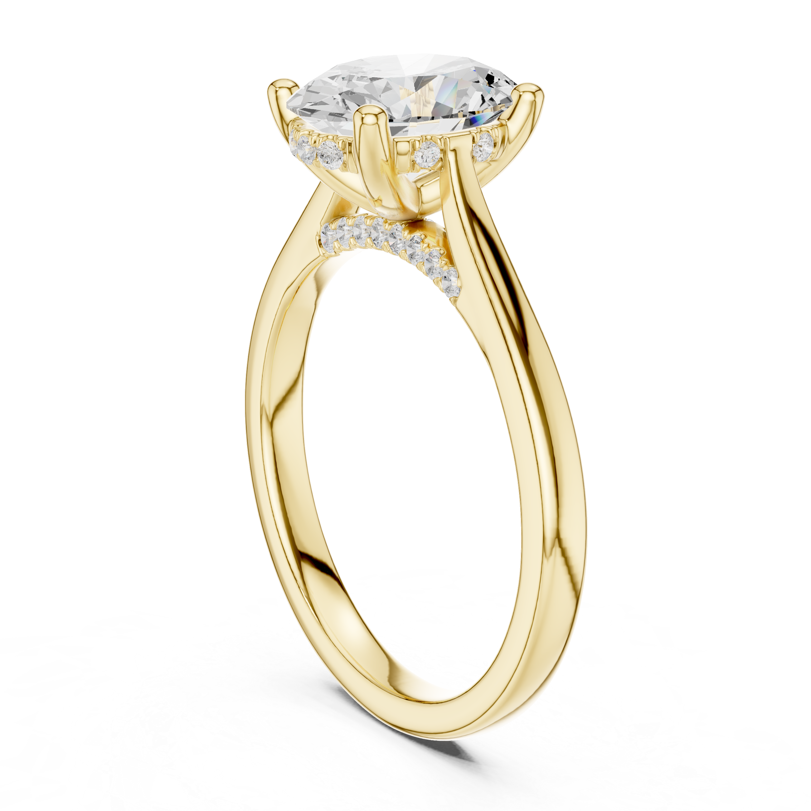 Gold ring with a large diamond and smaller diamonds on the band against a white background