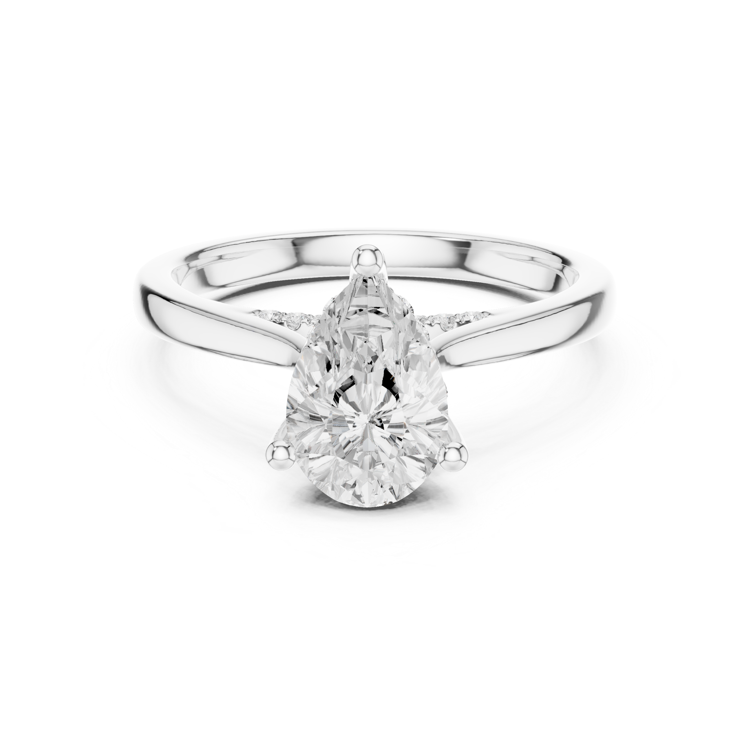 Diamond ring with a pear-shaped center stone on a white background