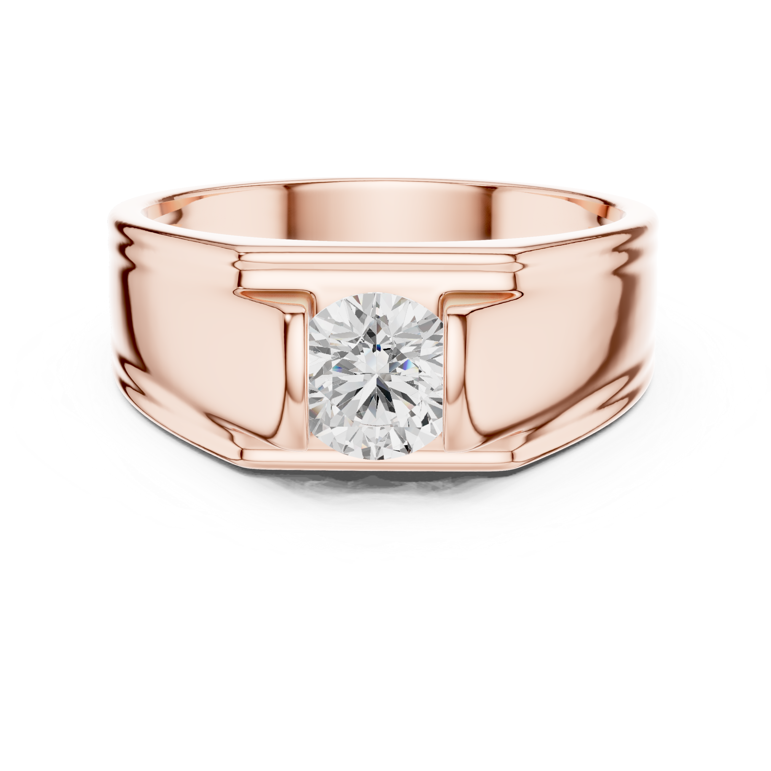 Rose gold ring with a diamond on a white background