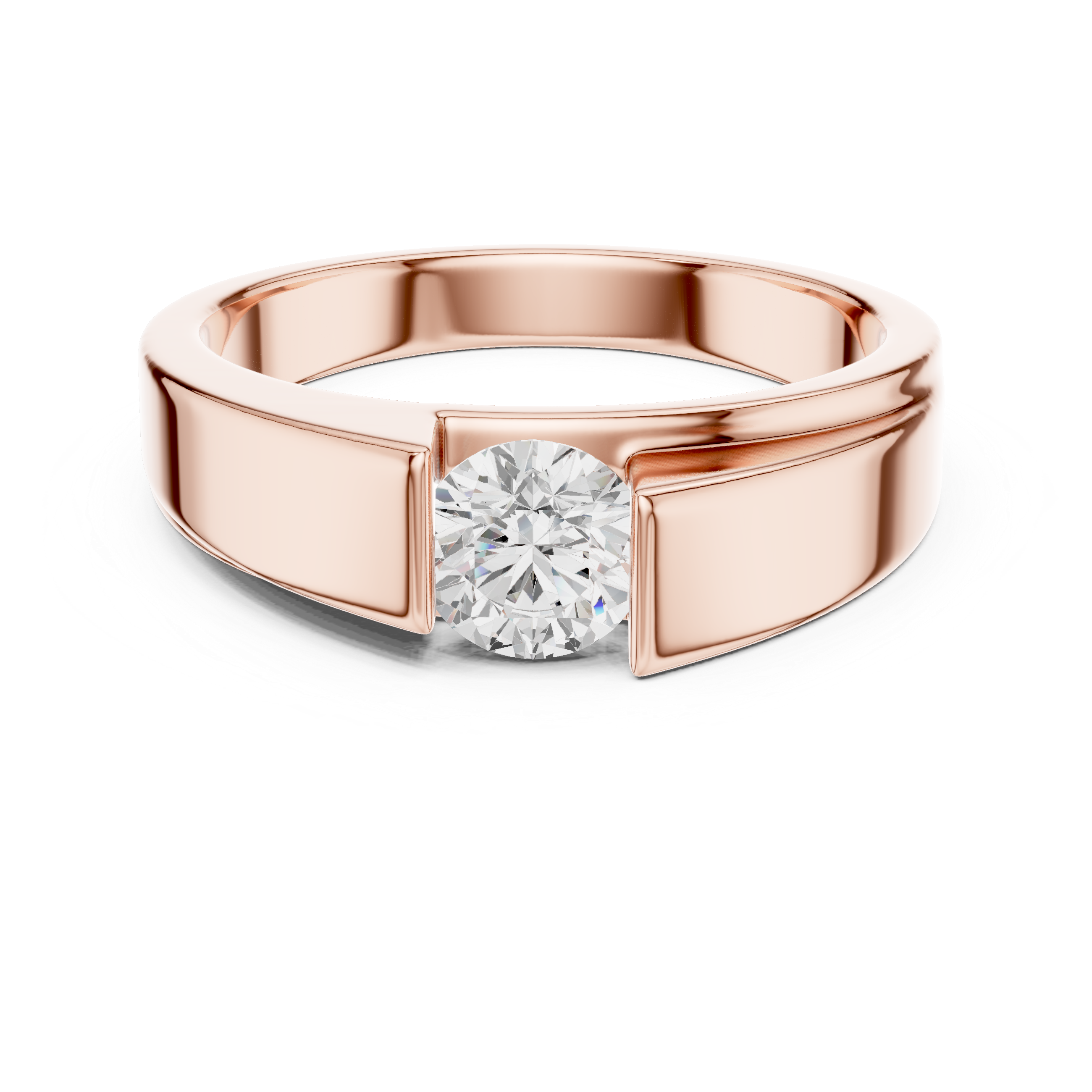 Rose gold ring with a diamond on a white background