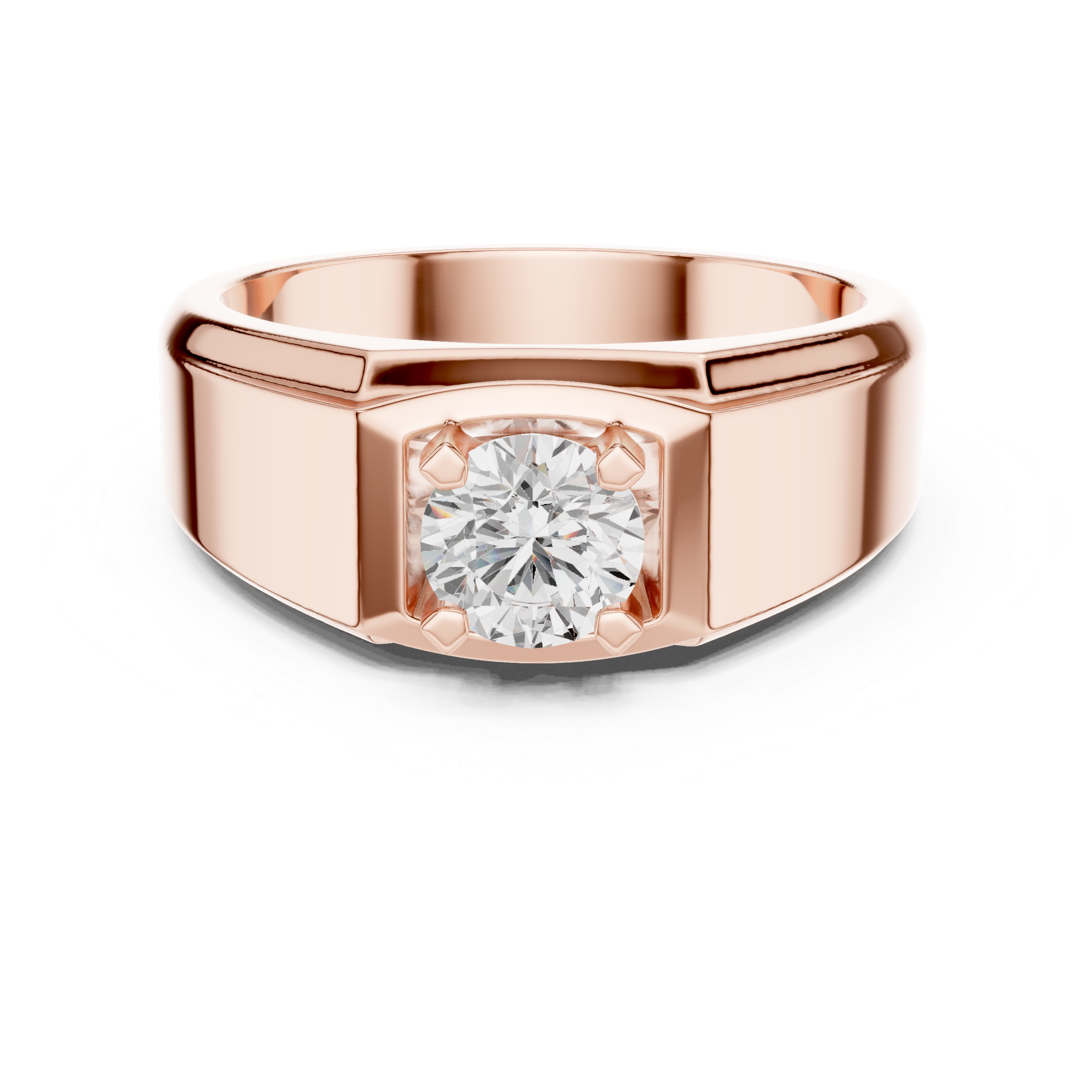 Rose gold ring with a diamond on a white background