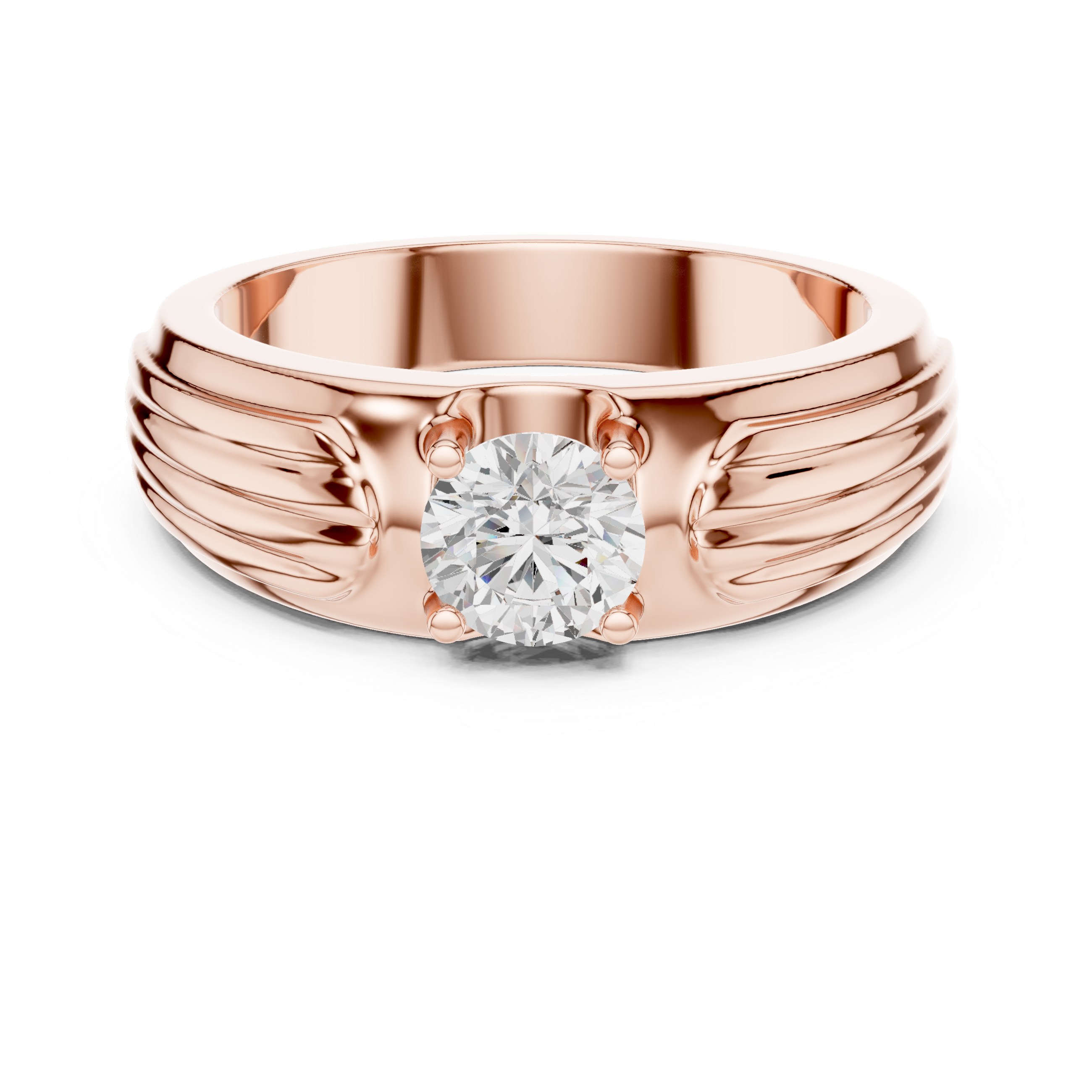 Rose gold ring with a diamond on a white background