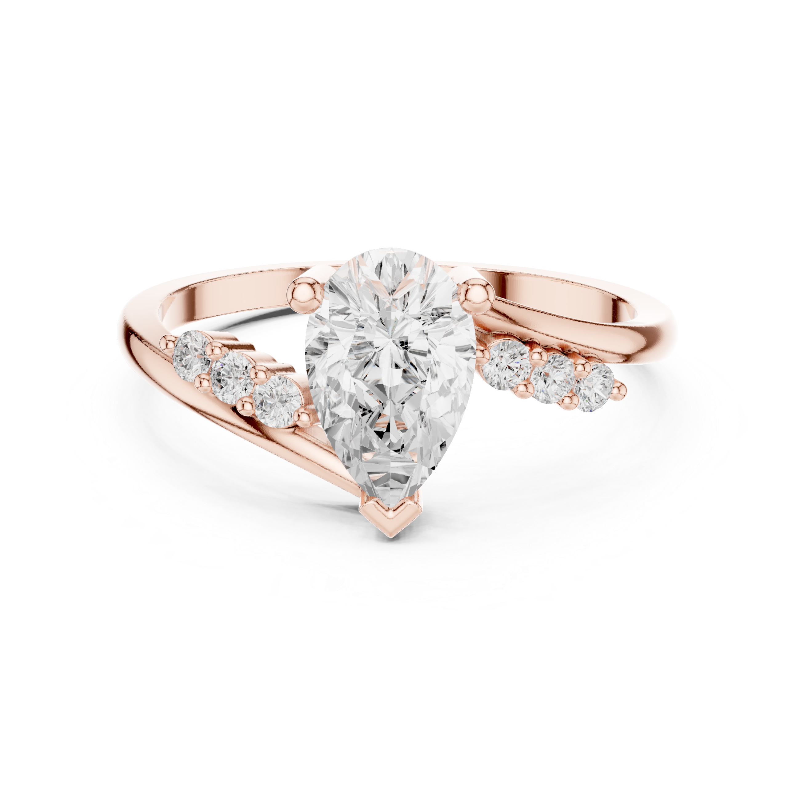Rose gold ring with a heart-shaped diamond on a white background