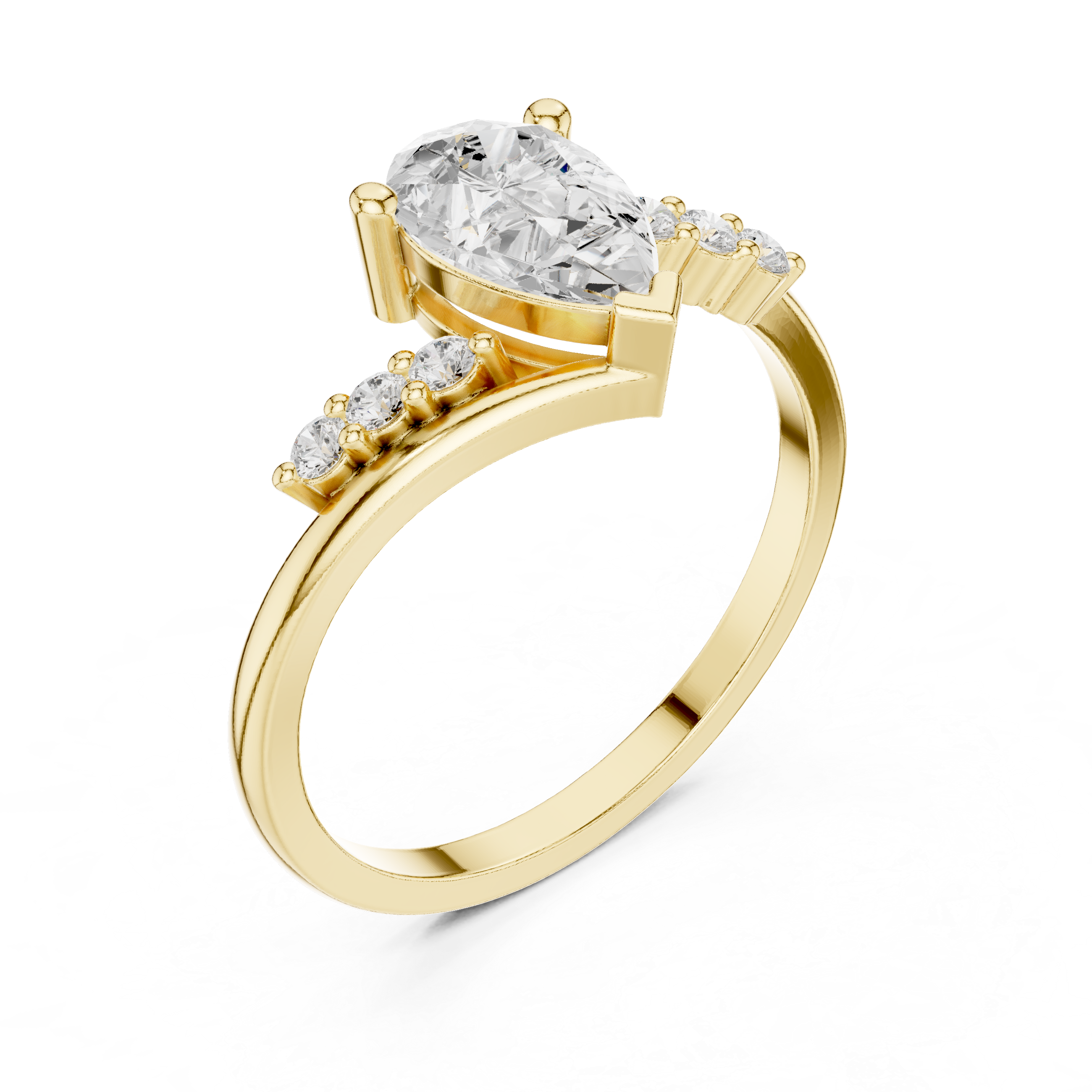Gold ring with a large central diamond and smaller diamonds on the sides against a white background