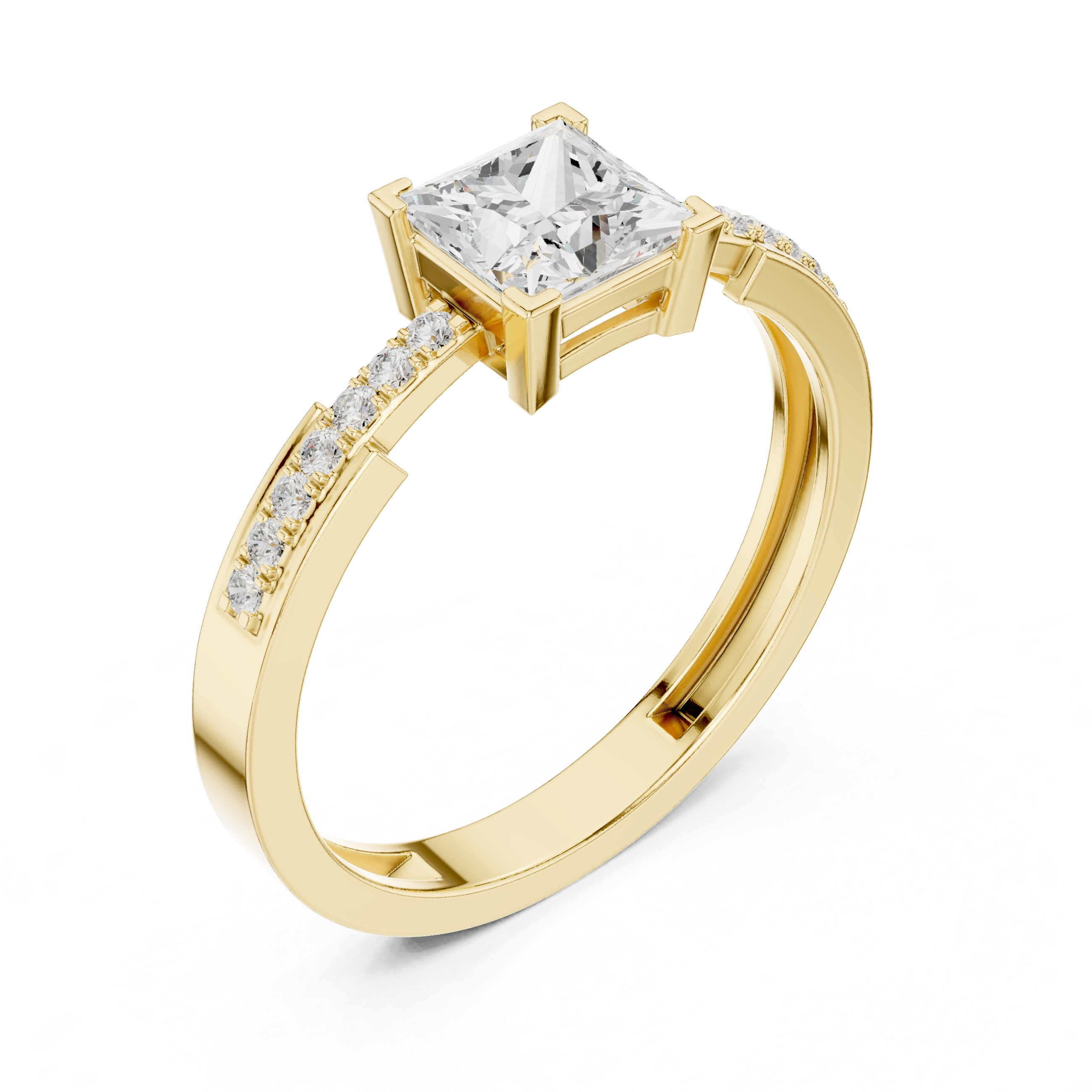Gold ring with a diamond on a white background