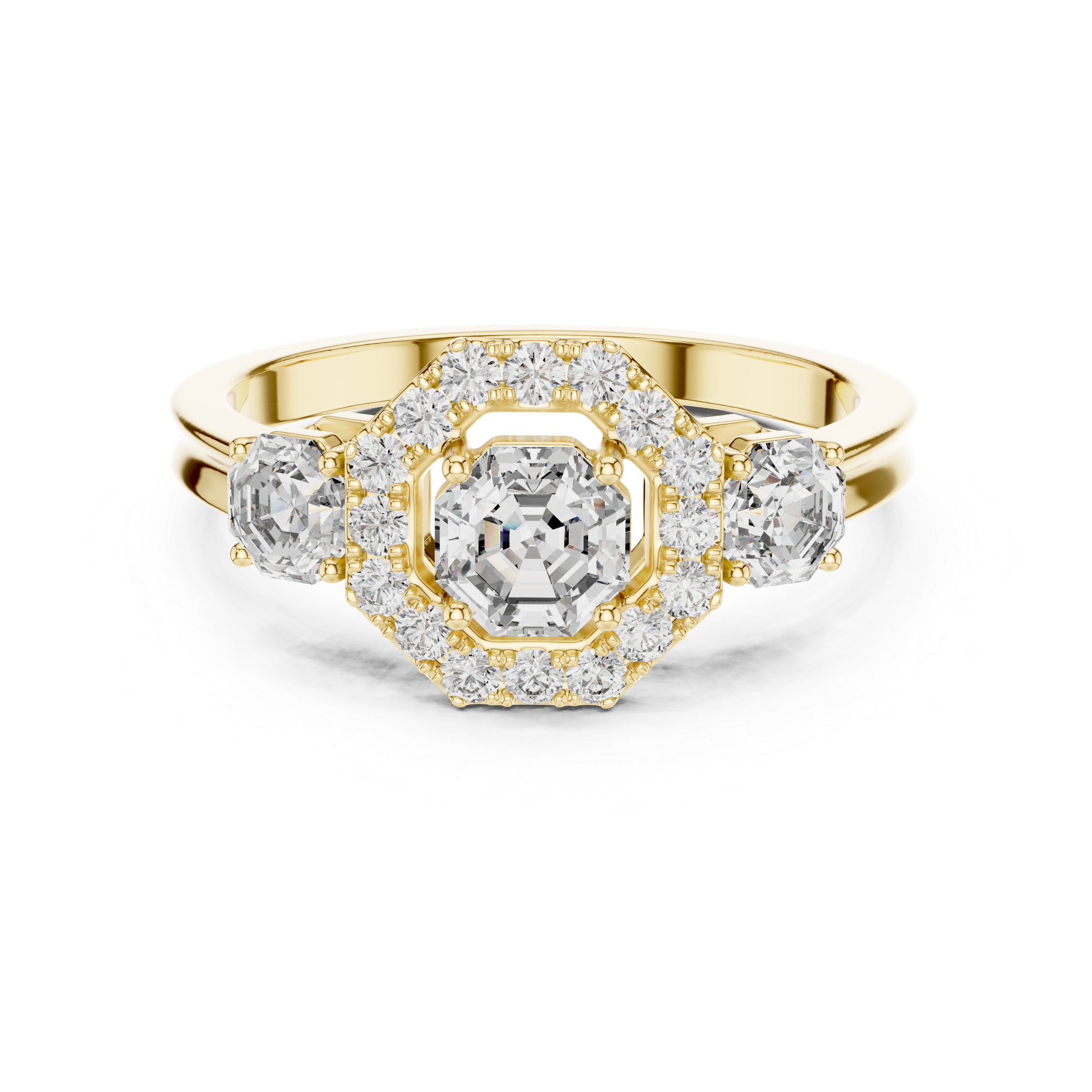Asscher Three-Stone Halo Ring