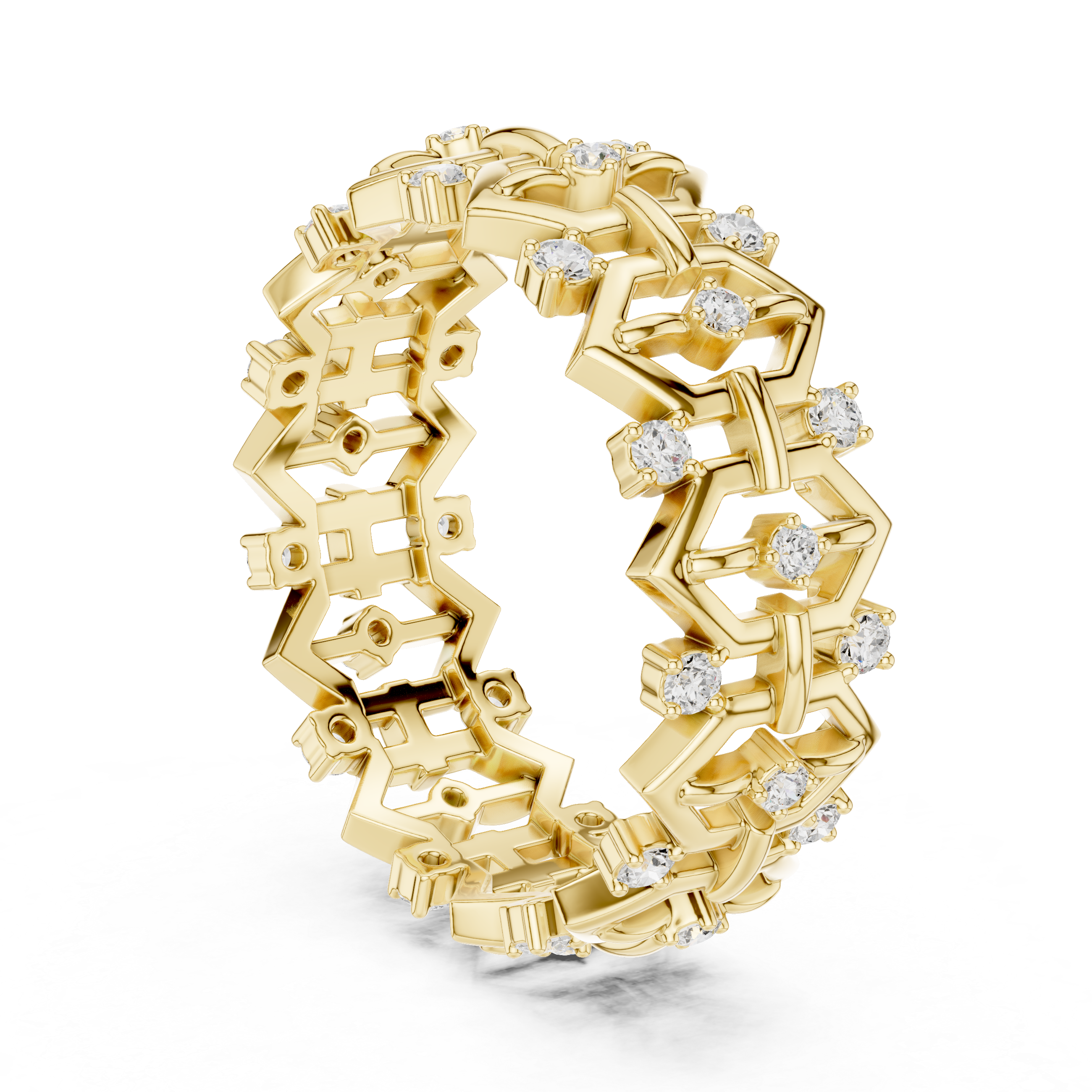 Gold ring with geometric design and embedded diamonds on a white background
