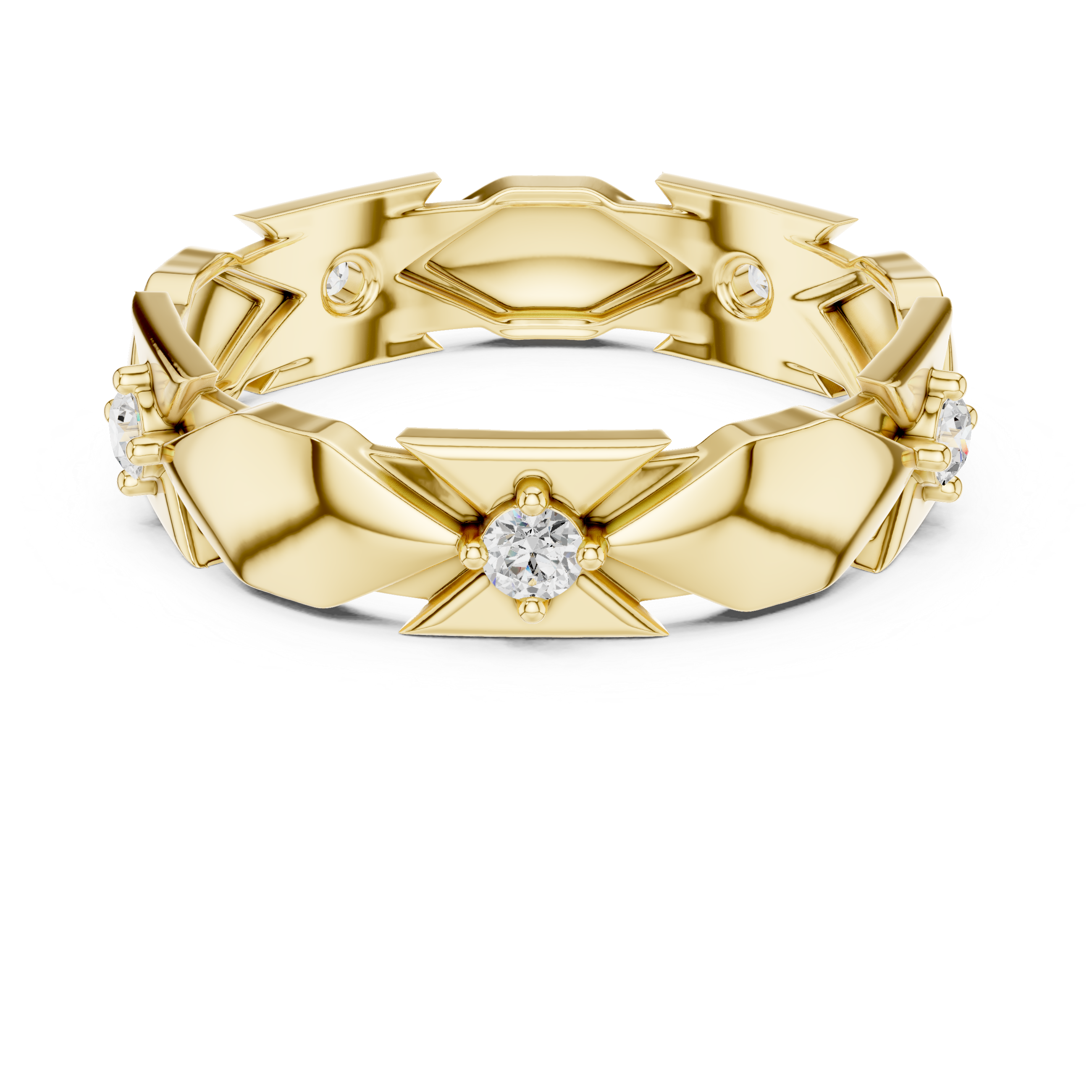 Gold ring with diamond accents on a white background