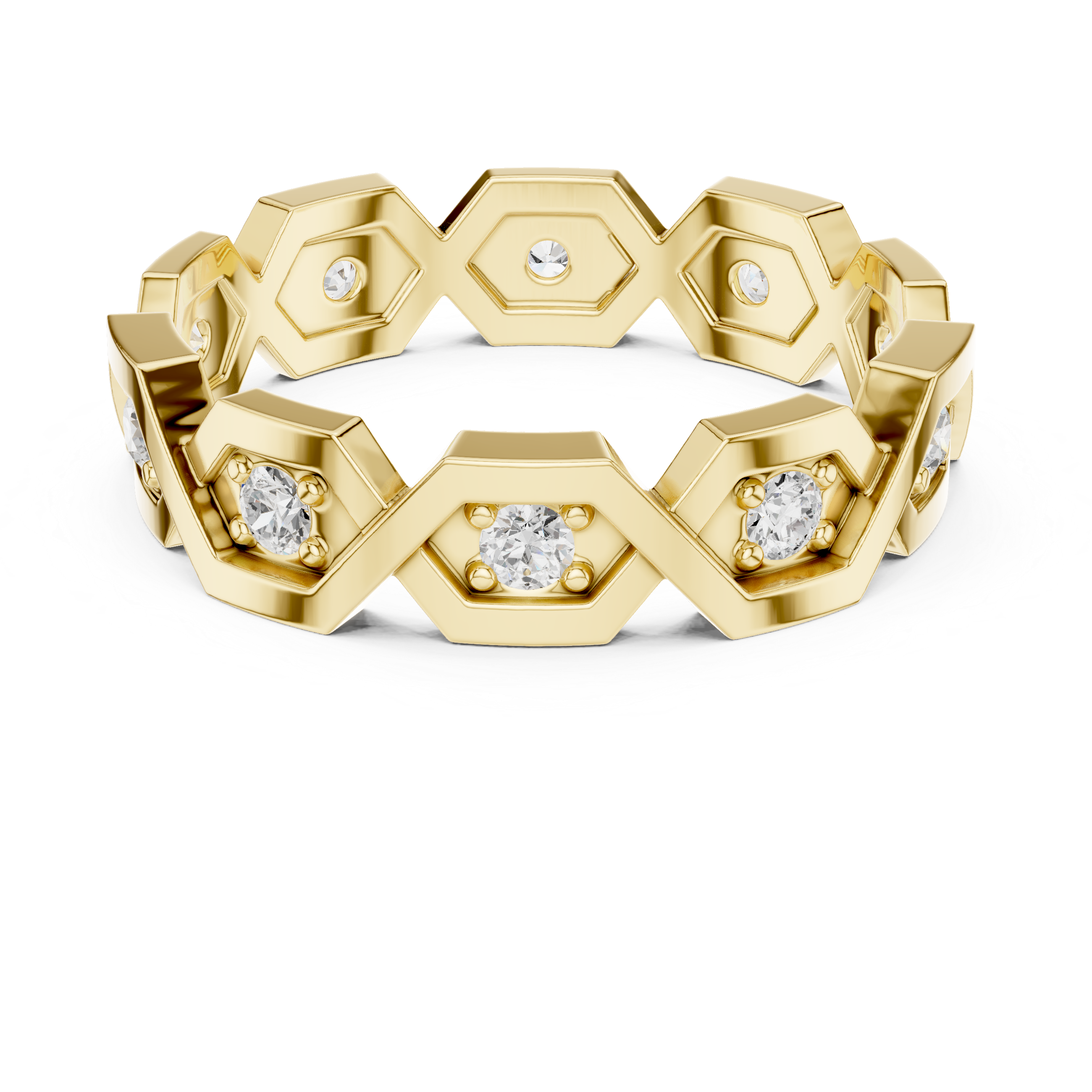 Gold ring with hexagonal design and embedded diamonds on a white background