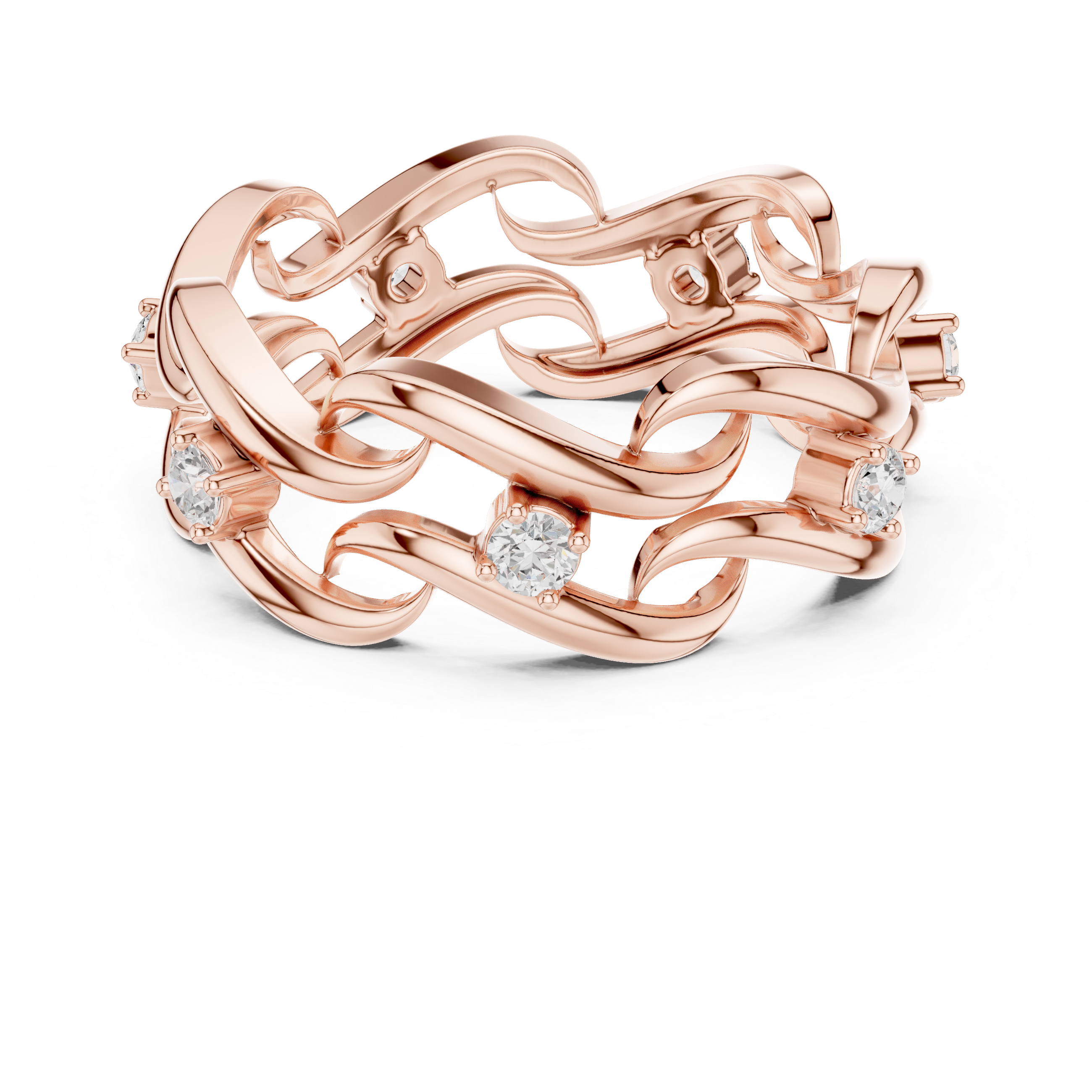 Rose gold ring with diamond accents on a white background