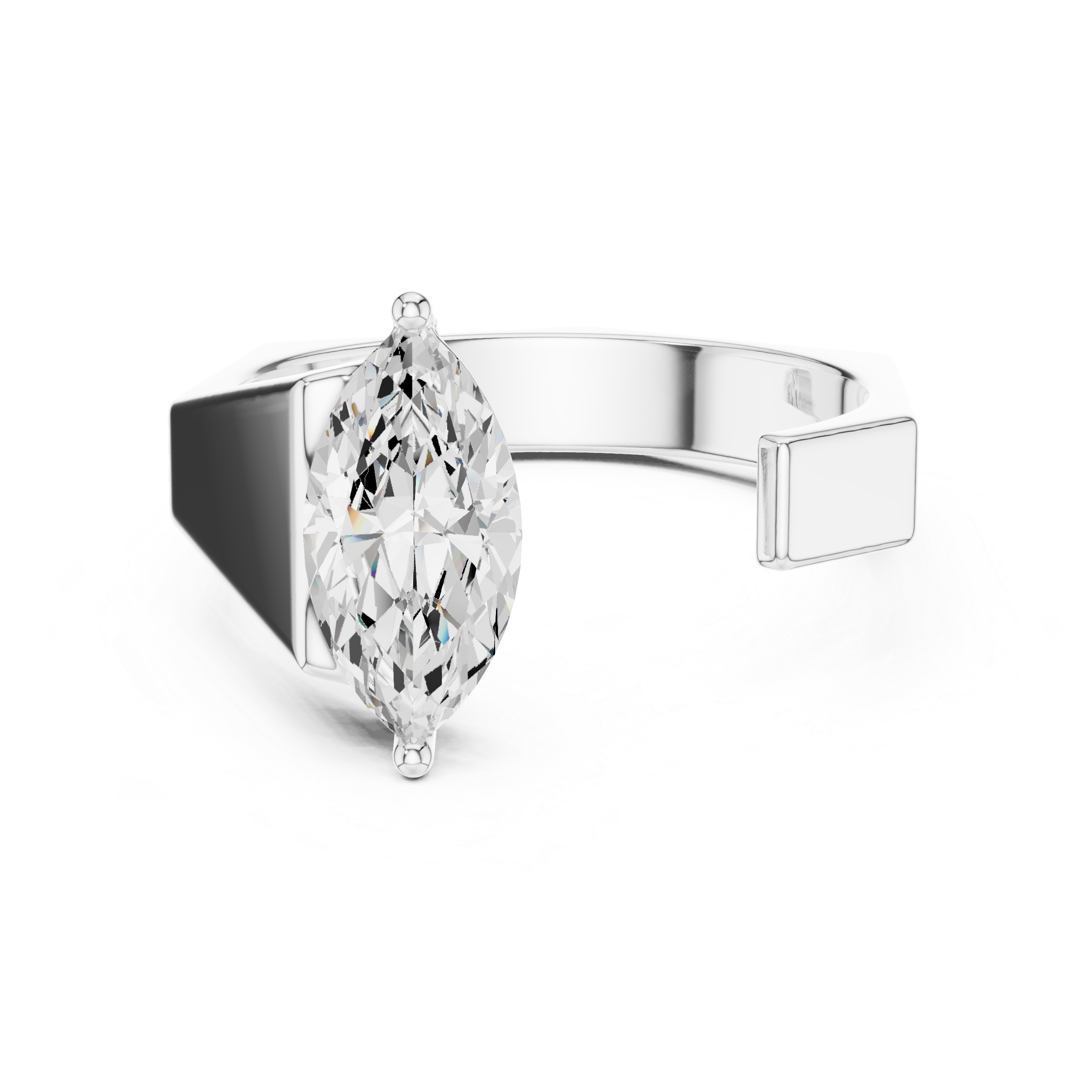Silver ring with a marquise-shaped diamond on a white background