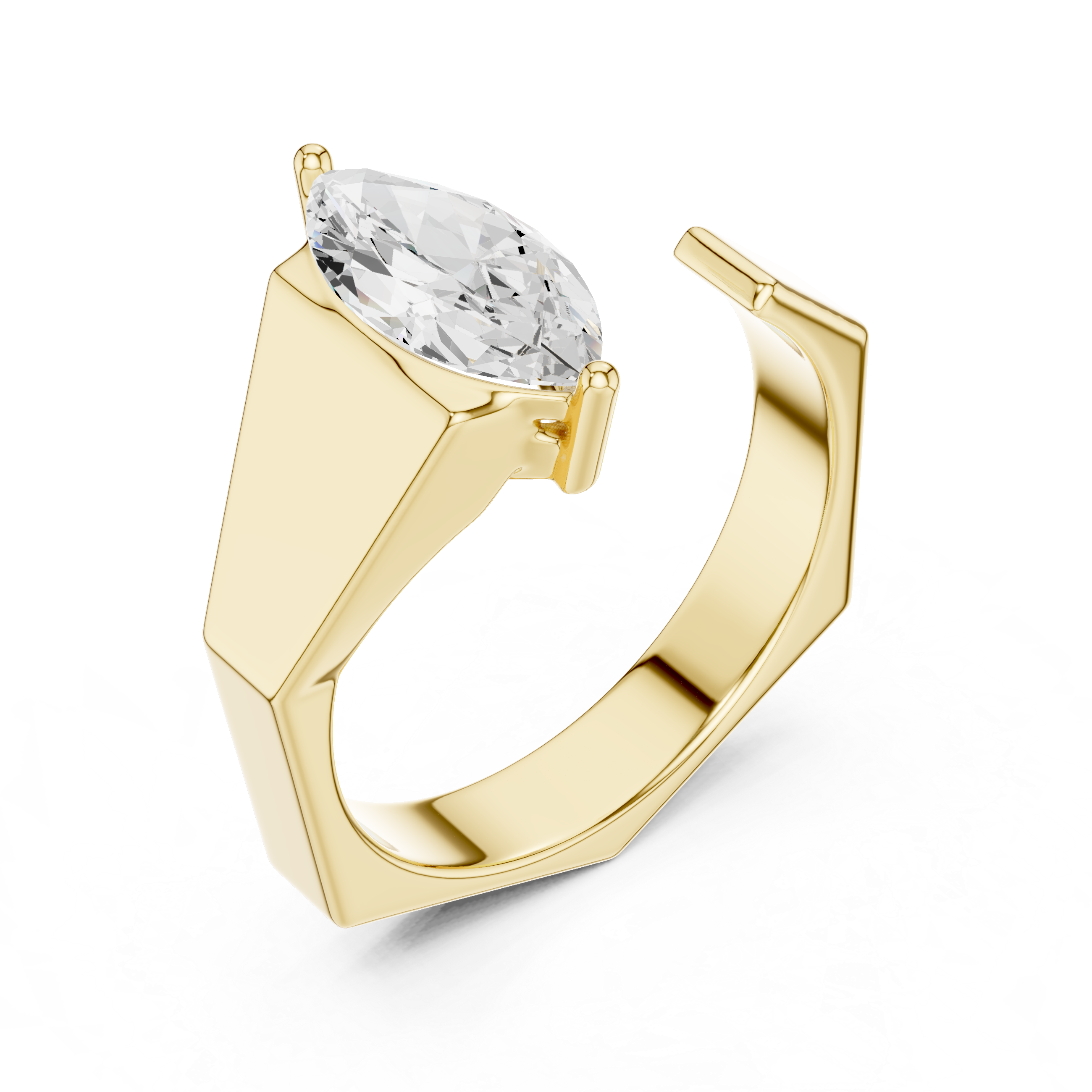 Gold ring with a clear gemstone on a white background