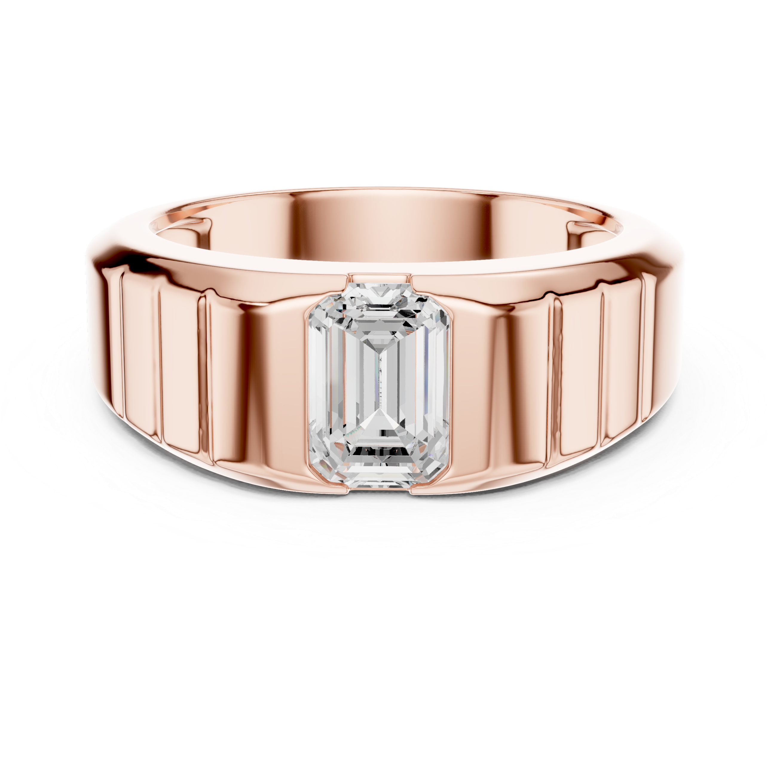 Rose gold ring with a diamond on a white background