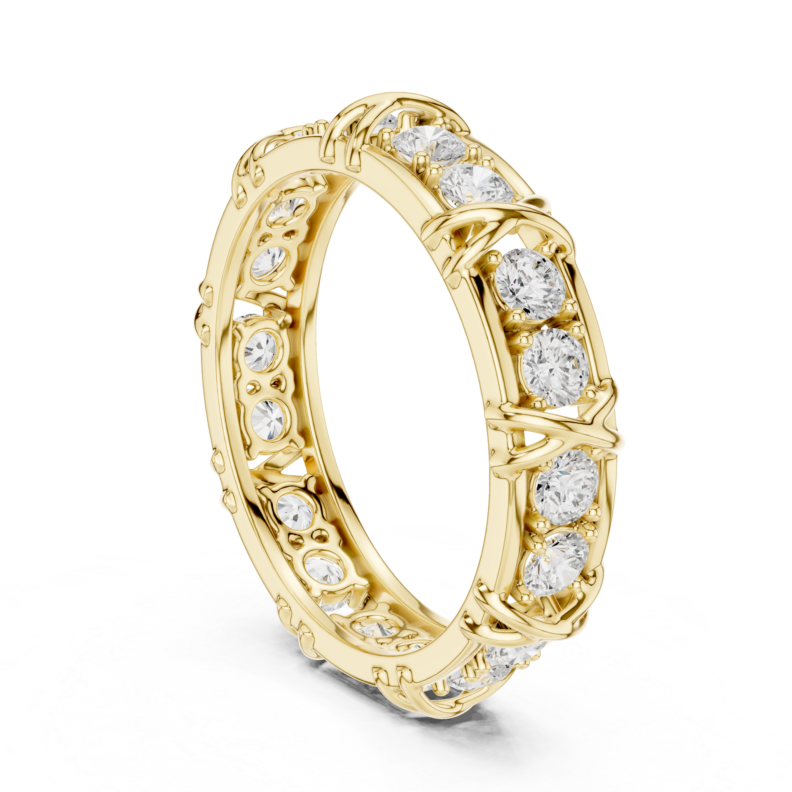 Gold ring with diamond accents on a white background
