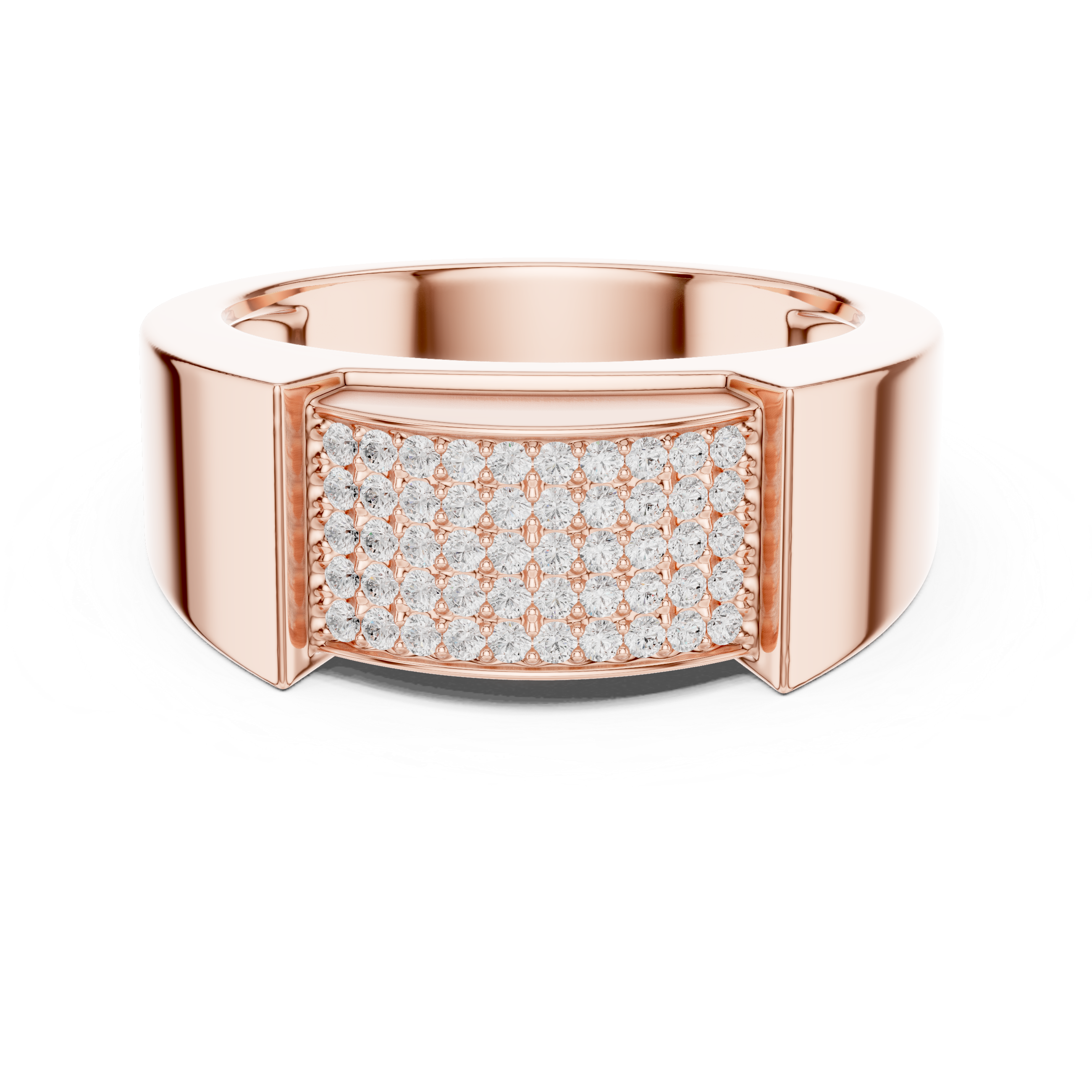 Rose gold ring with diamond accents on a white background